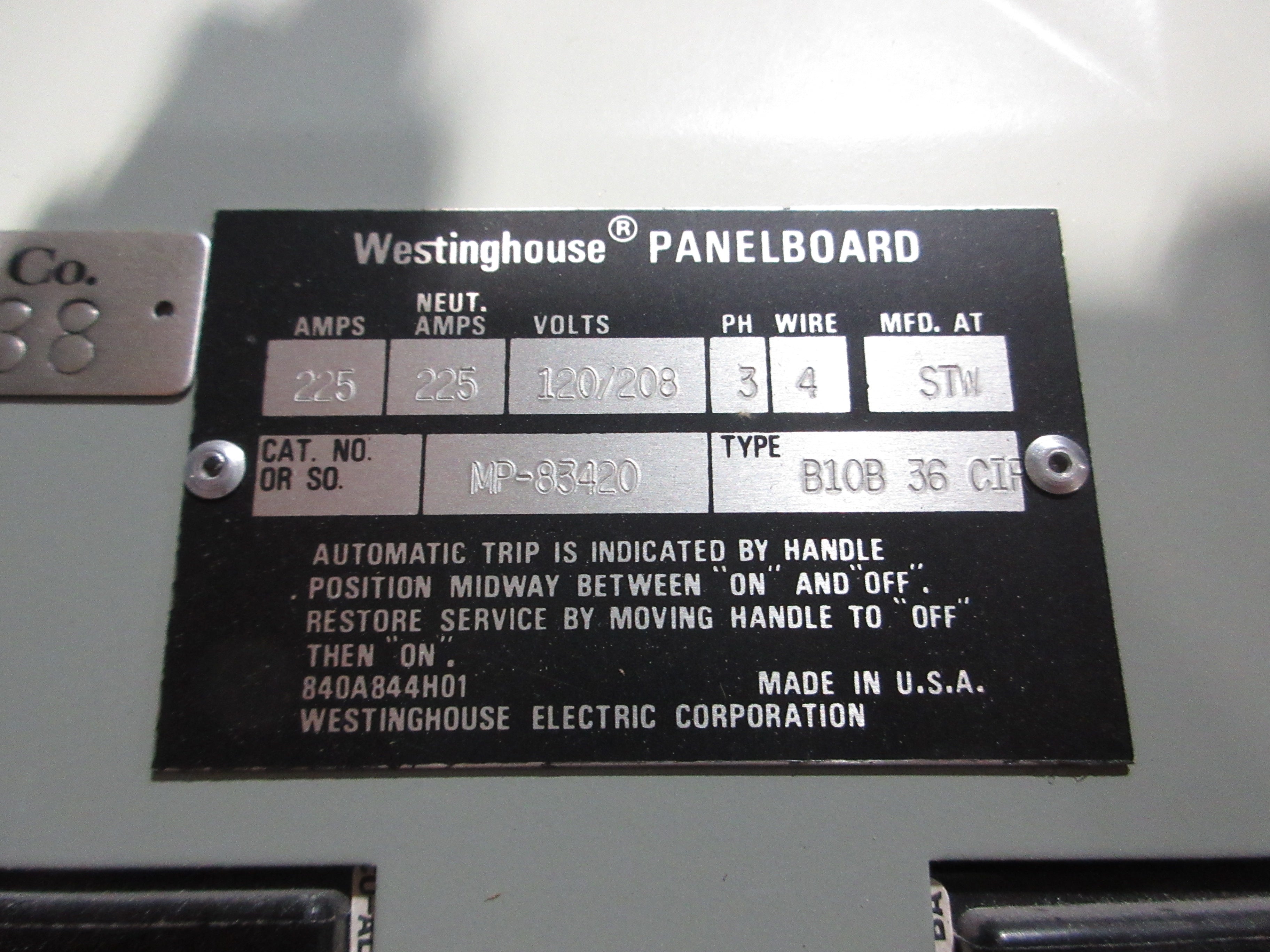 Westinghouse Main Breaker Circuit Breaker Panel MP-83420 225A Max 120/208V Used