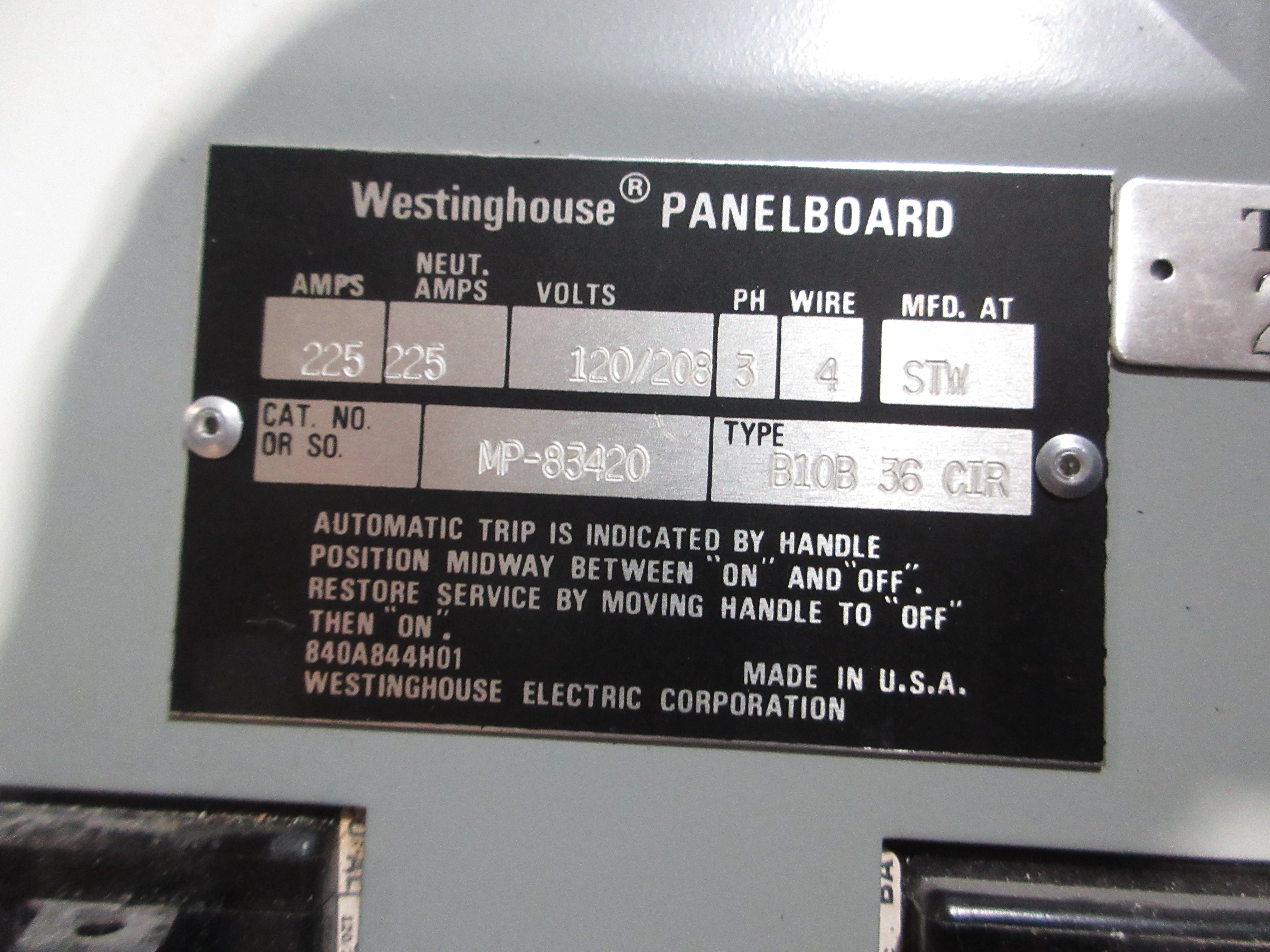 Westinghouse Main Breaker Circuit Breaker Panel MP-83420 225A Max 120/208V Used