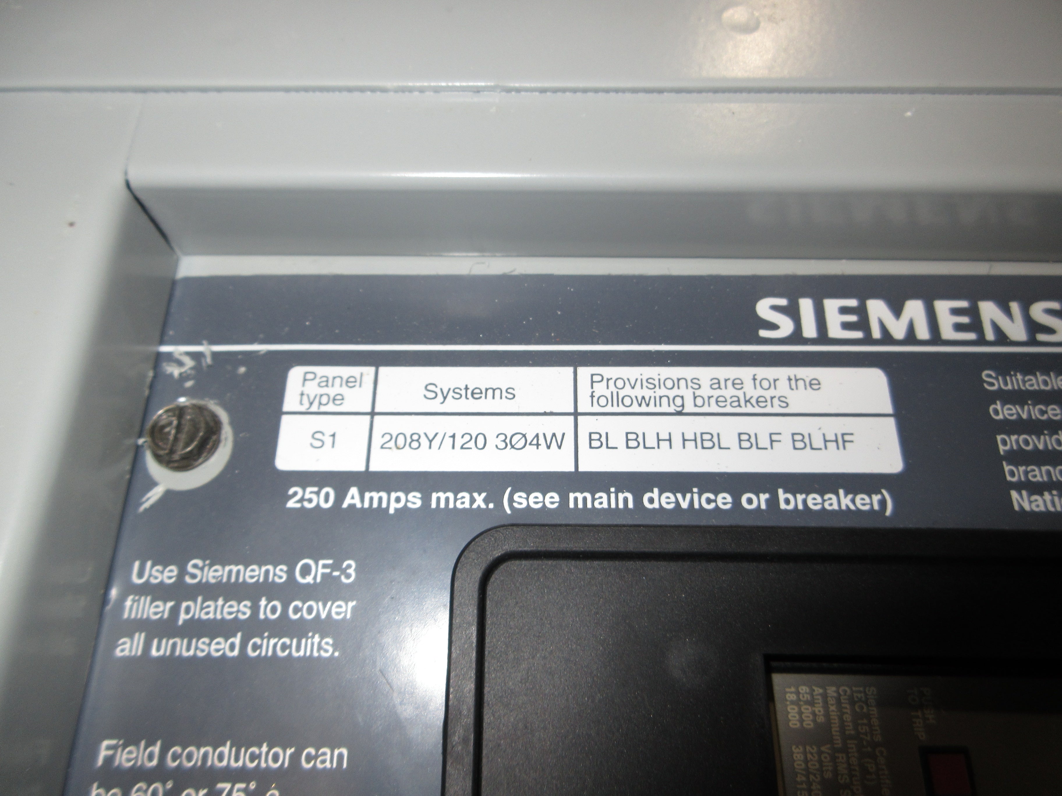 Siemens Main Breaker Circuit Breaker Panel S1C30E4100CTS 250A Max 208Y/120V Used