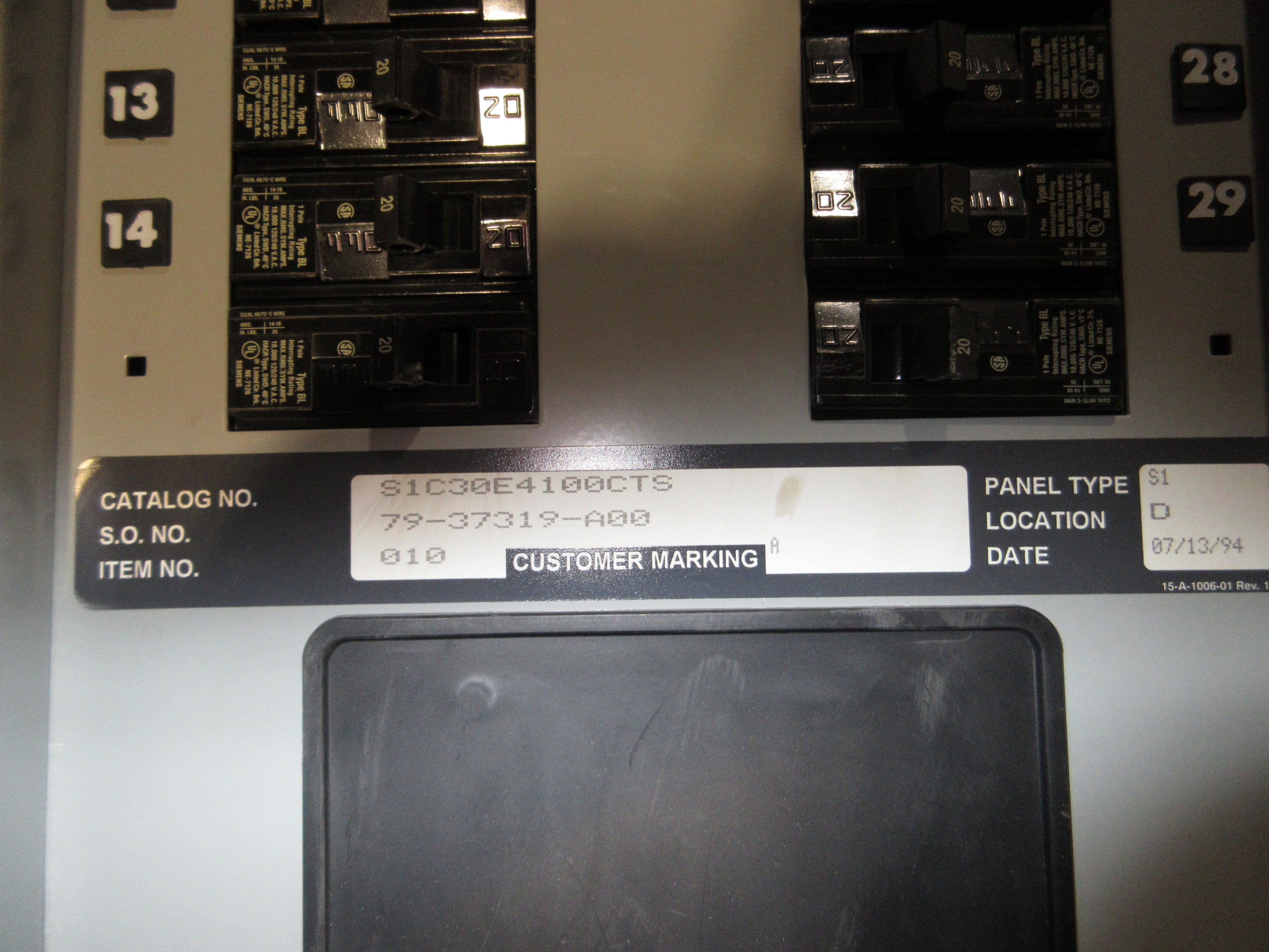 Siemens Main Breaker Circuit Breaker Panel S1C30E4100CTS 250A Max 208Y/120V Used