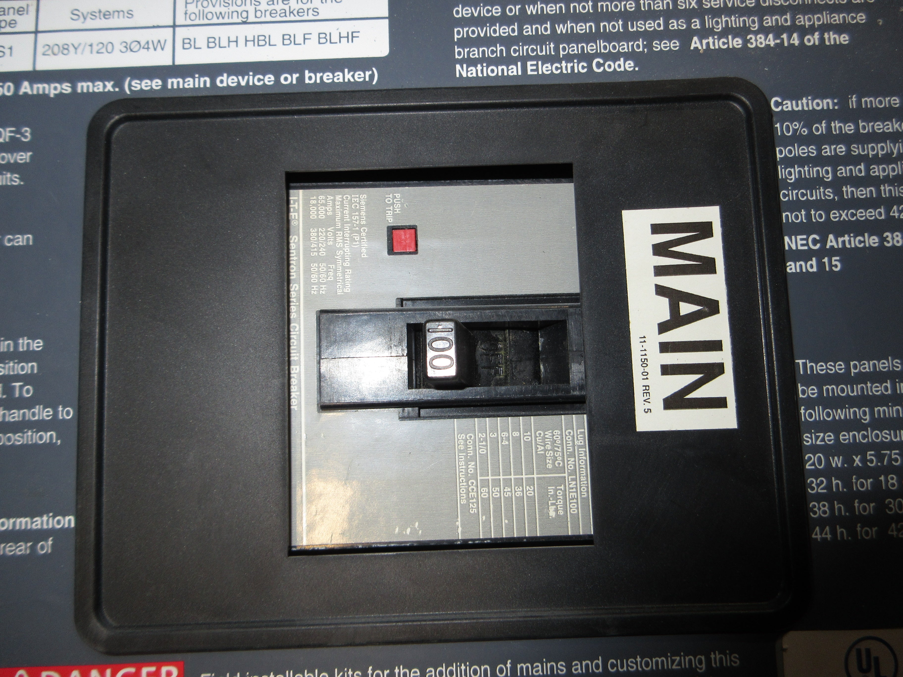 Siemens Main Breaker Circuit Breaker Panel S1C30E4100CTS 250A Max 208Y/120V Used