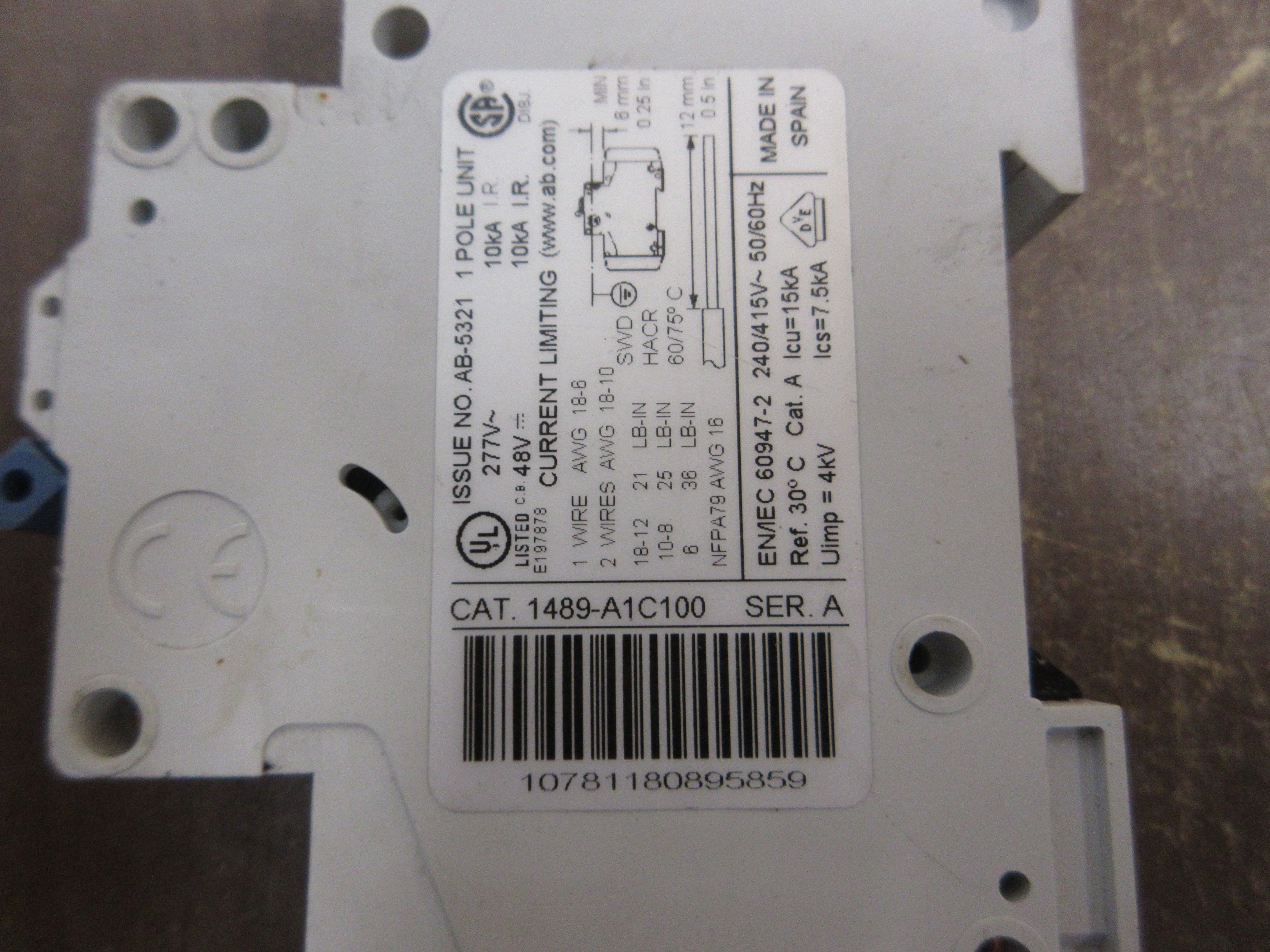 Allen-Bradley Circuit Breaker 1489-A1C100 Ser. A 10A 277V 1P *Lot of 2* Used