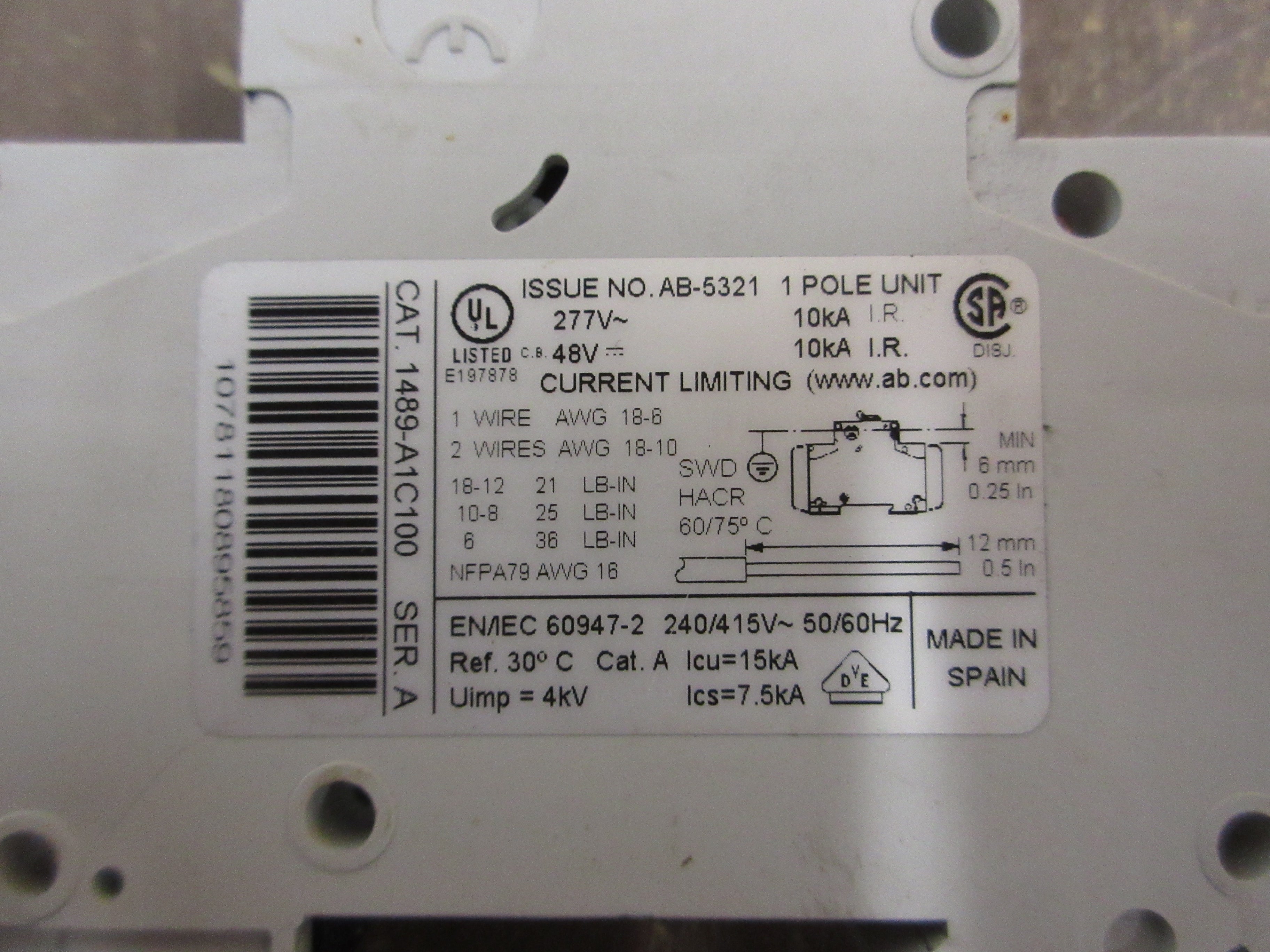 Allen-Bradley Circuit Breaker 1489-A1C100 Ser. A 10A 277V 1P *Lot of 2* Used