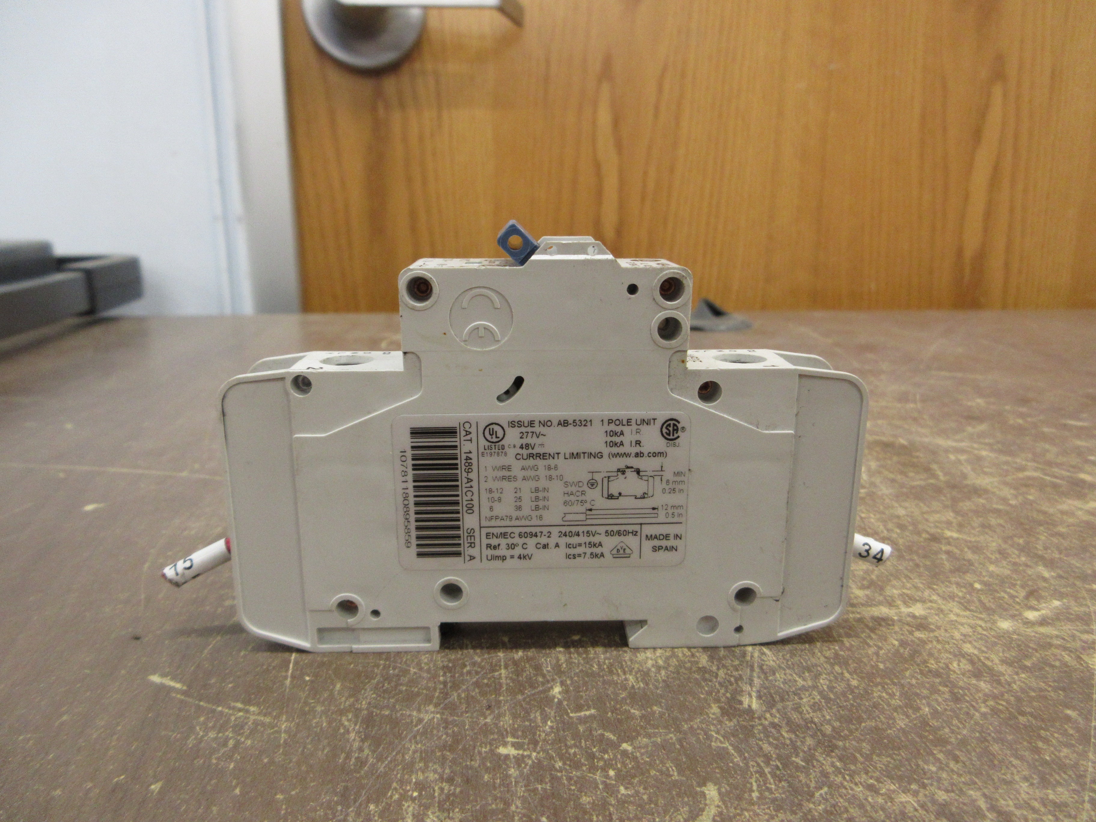Allen-Bradley Circuit Breaker 1489-A1C100 Ser. A 10A 277V 1P *Lot of 2* Used