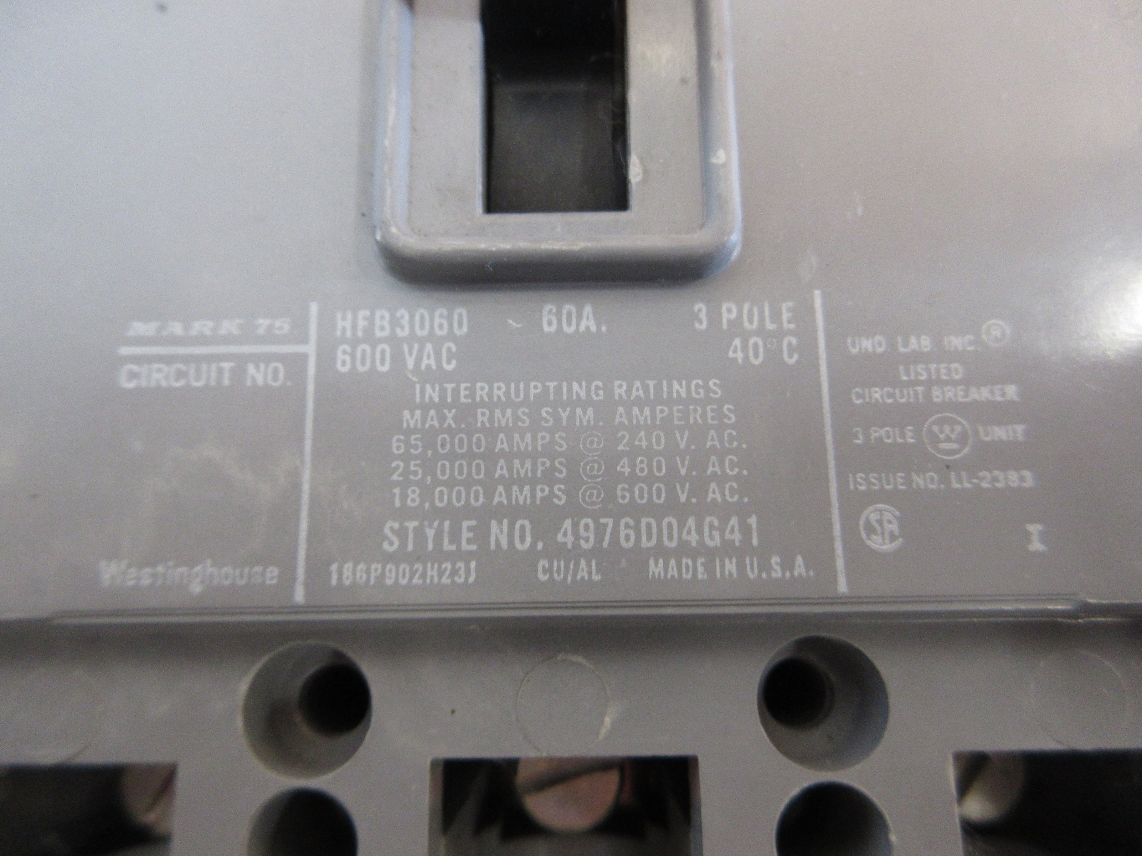 Westinghouse AB De-Ion Circuit Breaker HFB3060 60A 600V 3P New Surplus
