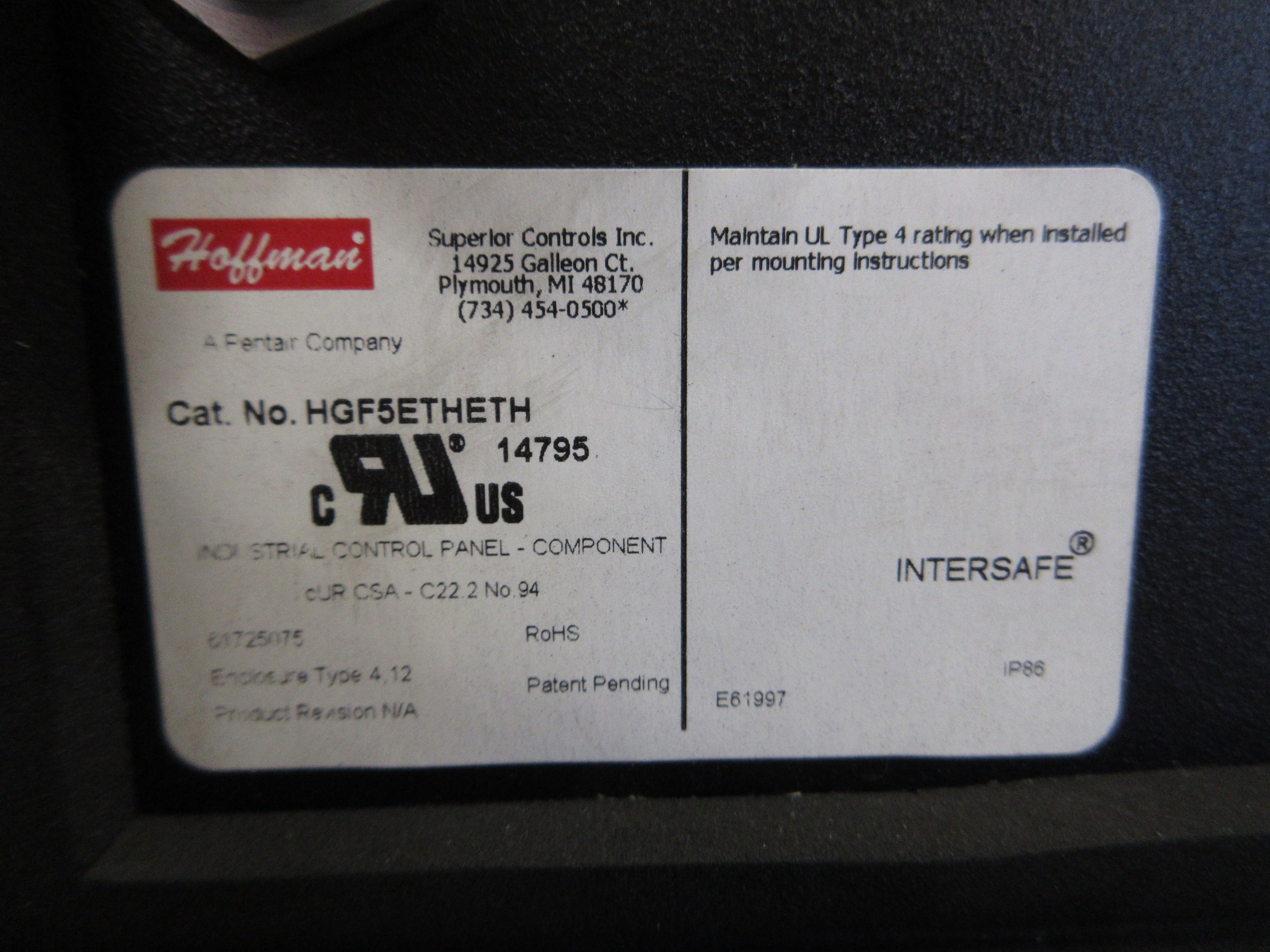 Hoffman Data Interface Panel HGF5ETHETH Type 4,12 Enclosure Used