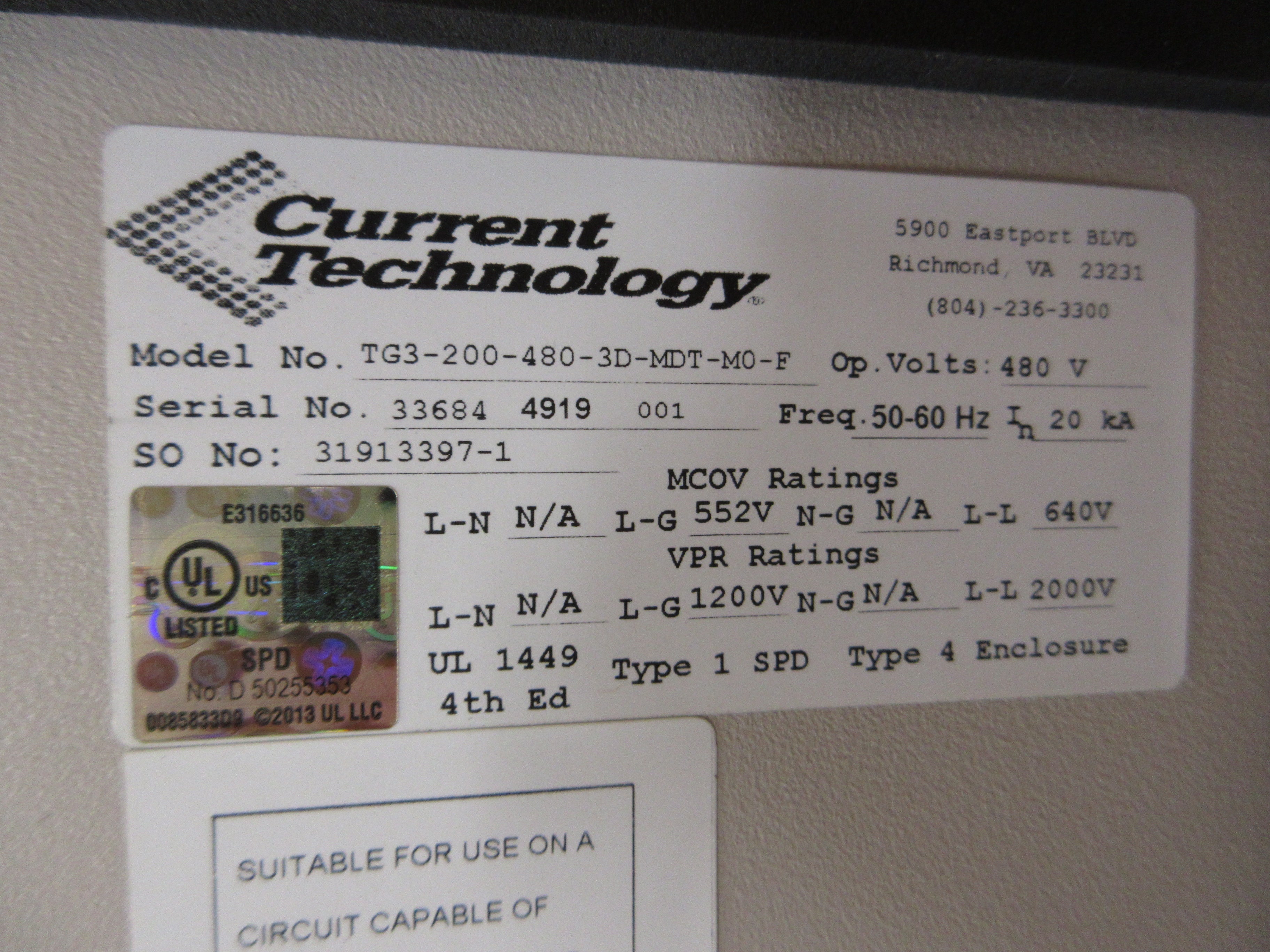Current Technology TransGuard TG3 Surge Protector TG3-200-480-3D-MDT-M0-F Used