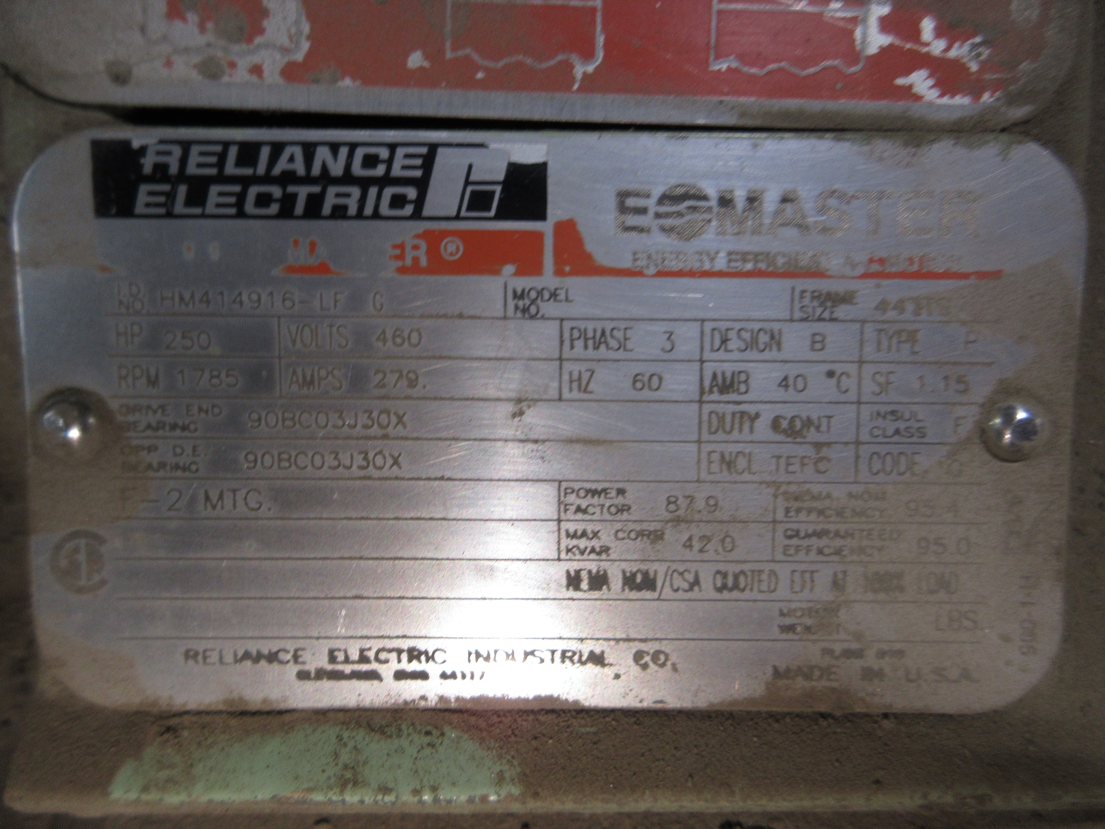 Reliance Electric Motor HM414916-LF C 250HP 1800RPM 460V 279A 3Ph 60Hz Used