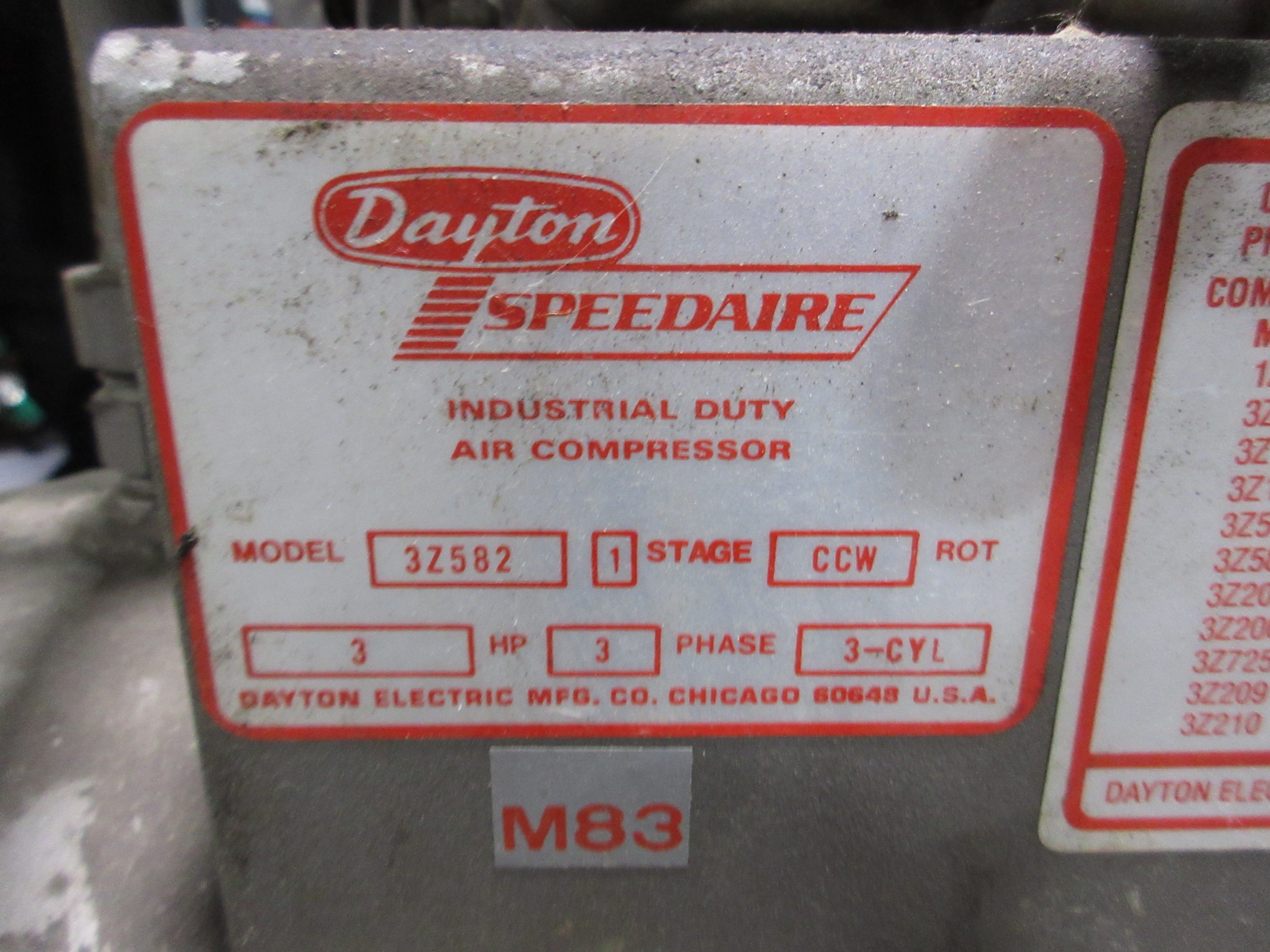 Dayton Speedaire Air Compressor 3Z582 Single-Stage 3HP 3Ph Used