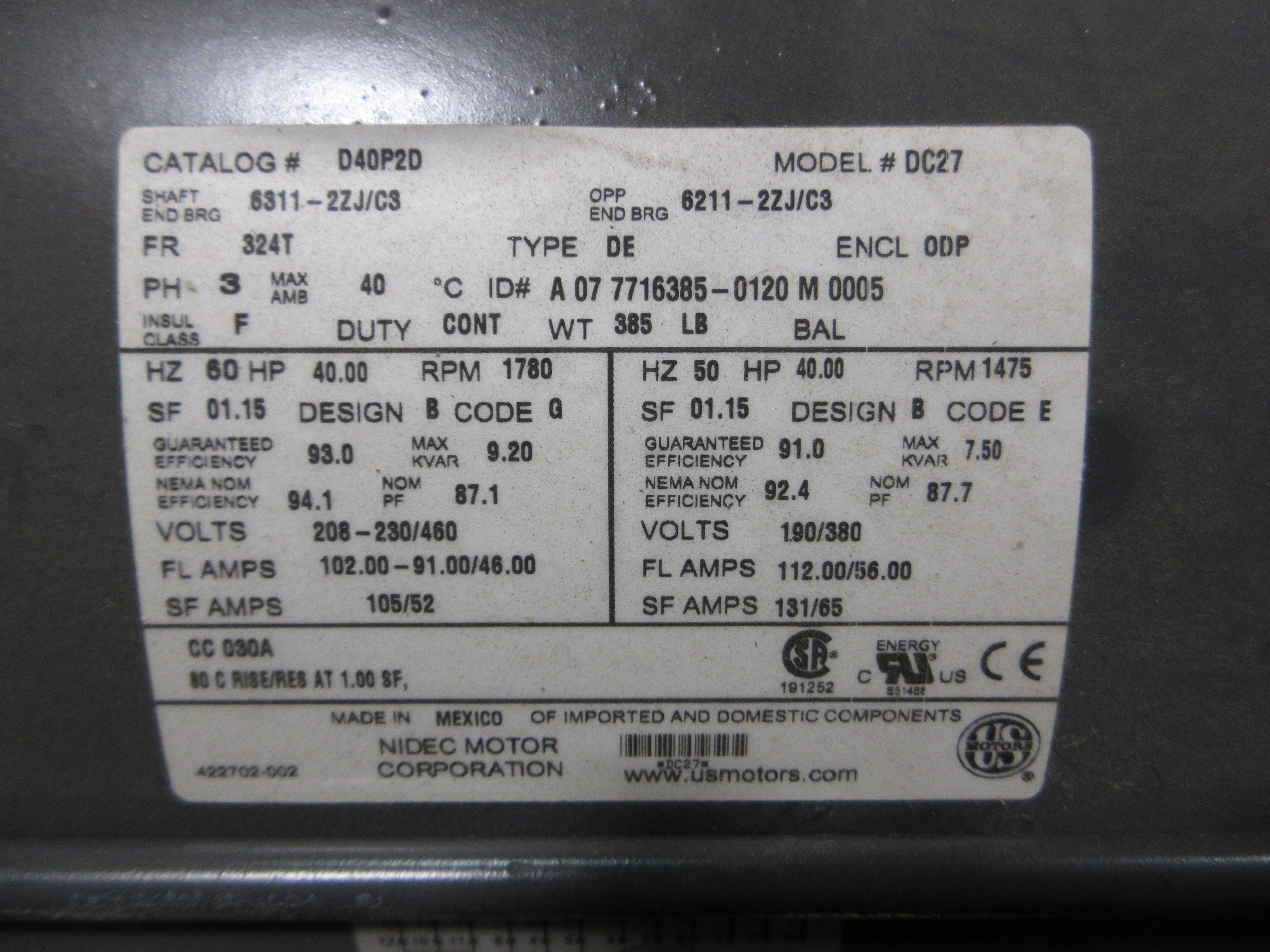 U.S. Motors Motor D40P2D 40HP 1800RPM 208-230/460V 102-91/46A 60Hz New Surplus