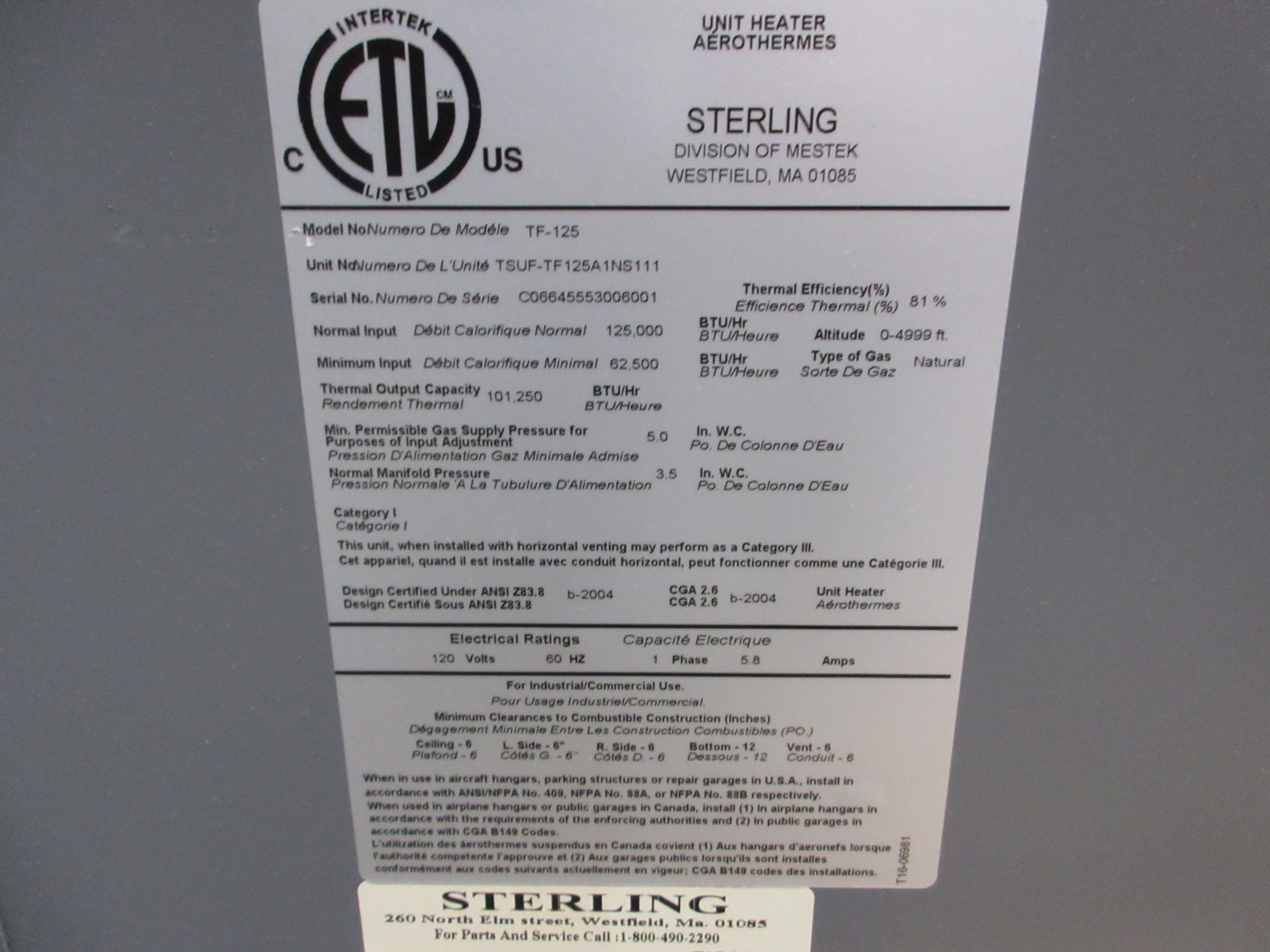 Sterling TF-125 Natural Gas Heater TSUF-TF125A1NS111 120V 1Ph 60Hz 5.8A Used