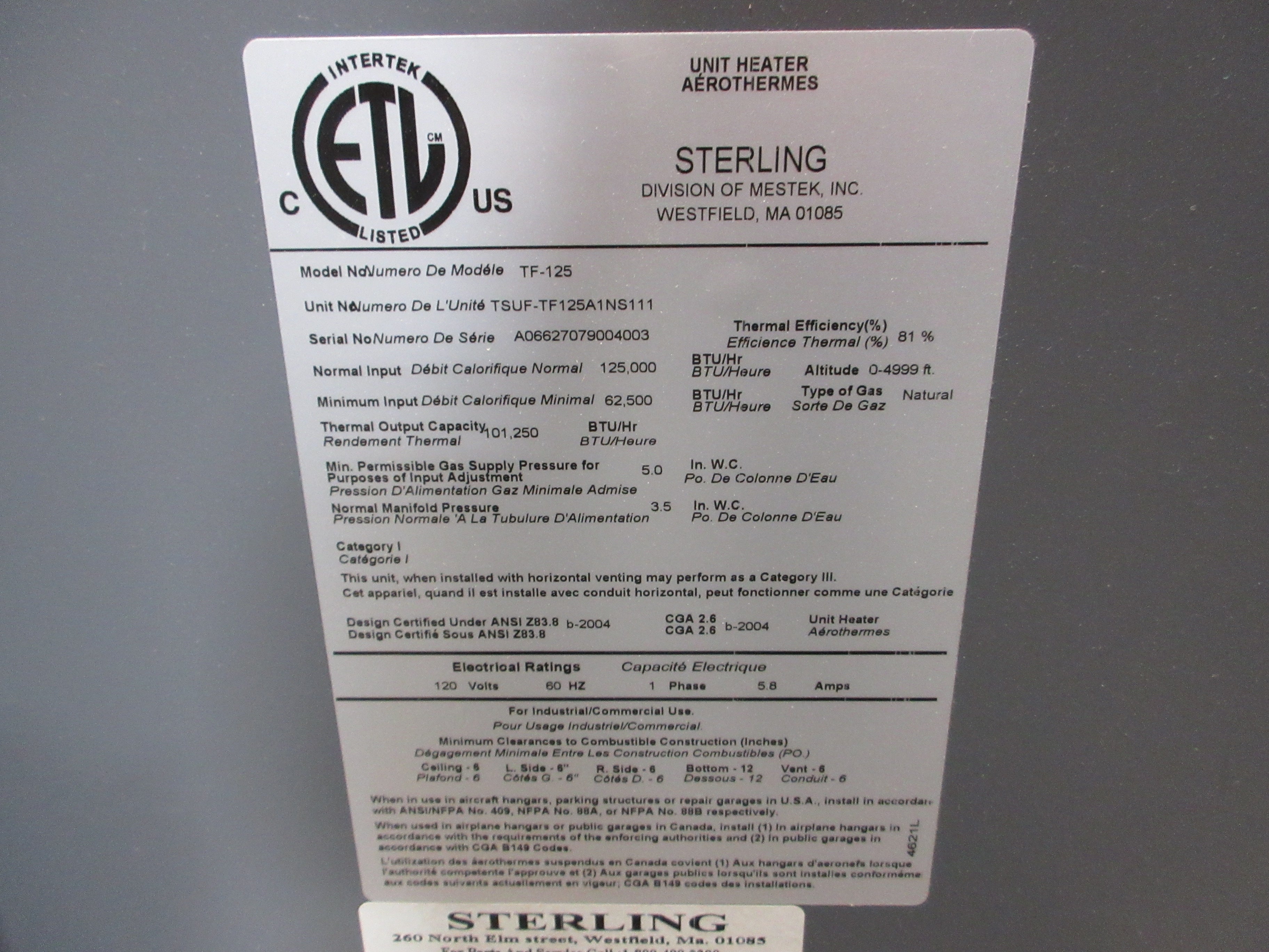 Sterling TF-125 Natural Gas Heater TSUF-TF125A1NS111 120V 1Ph 60Hz 5.8A Used