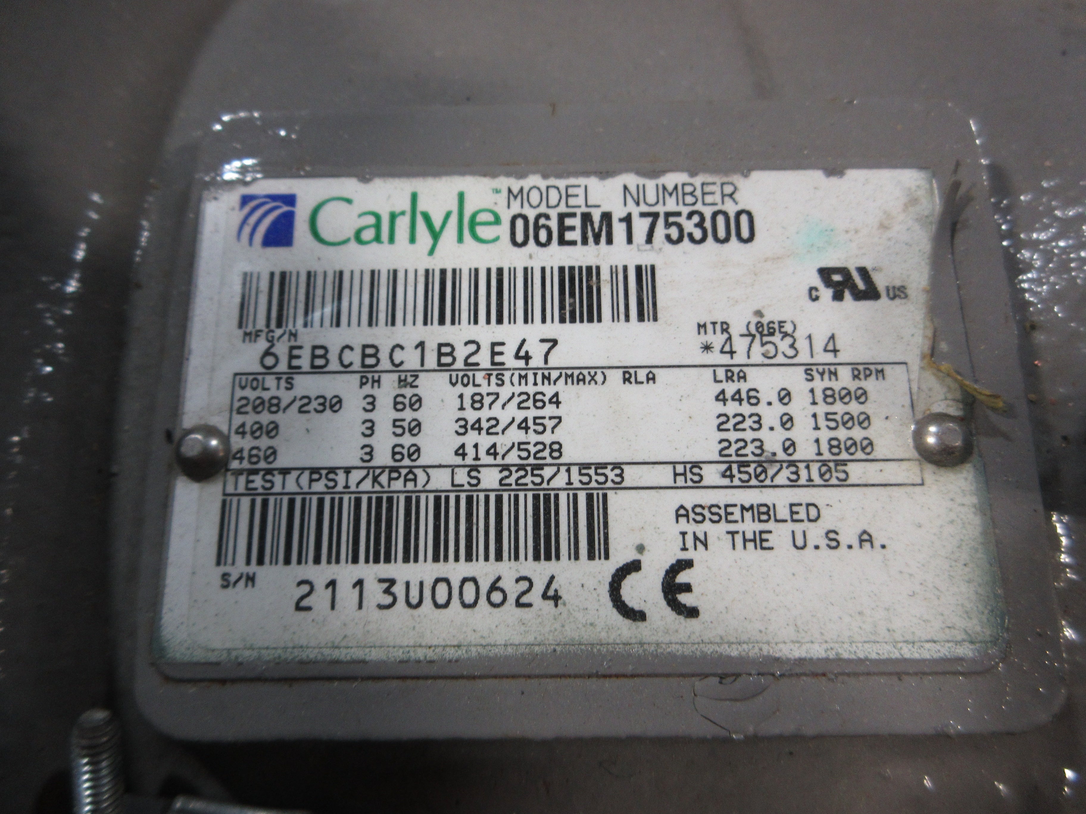 Carlyle Semi-Hermetic Reciprocating Compressor 06EM175300 3Ph 75CFM@1800RPM Used
