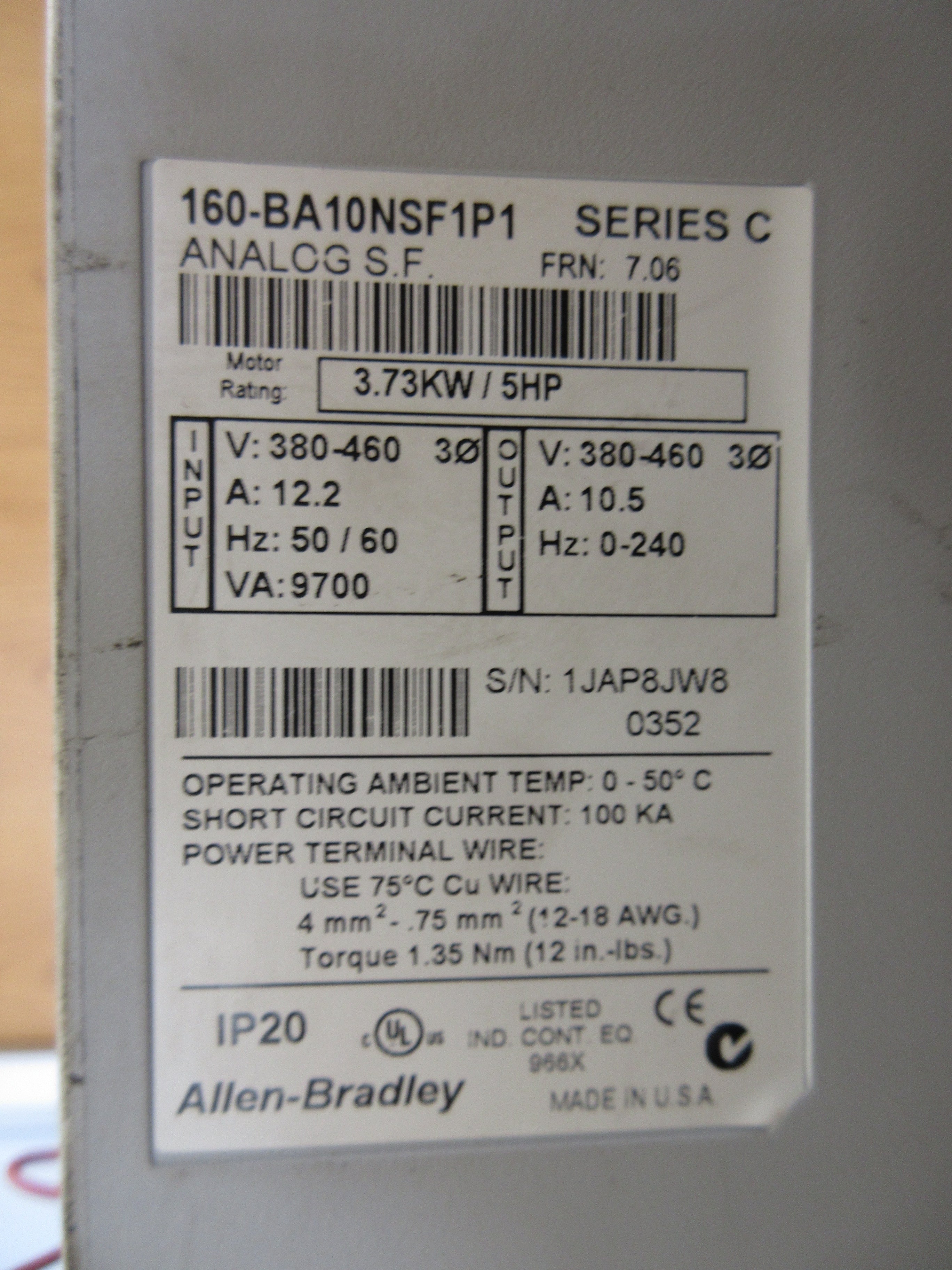Allen-Bradley Analog S.F. Drive 160-BA10NSF1P1 Ser. C 5HP 3Ph Used