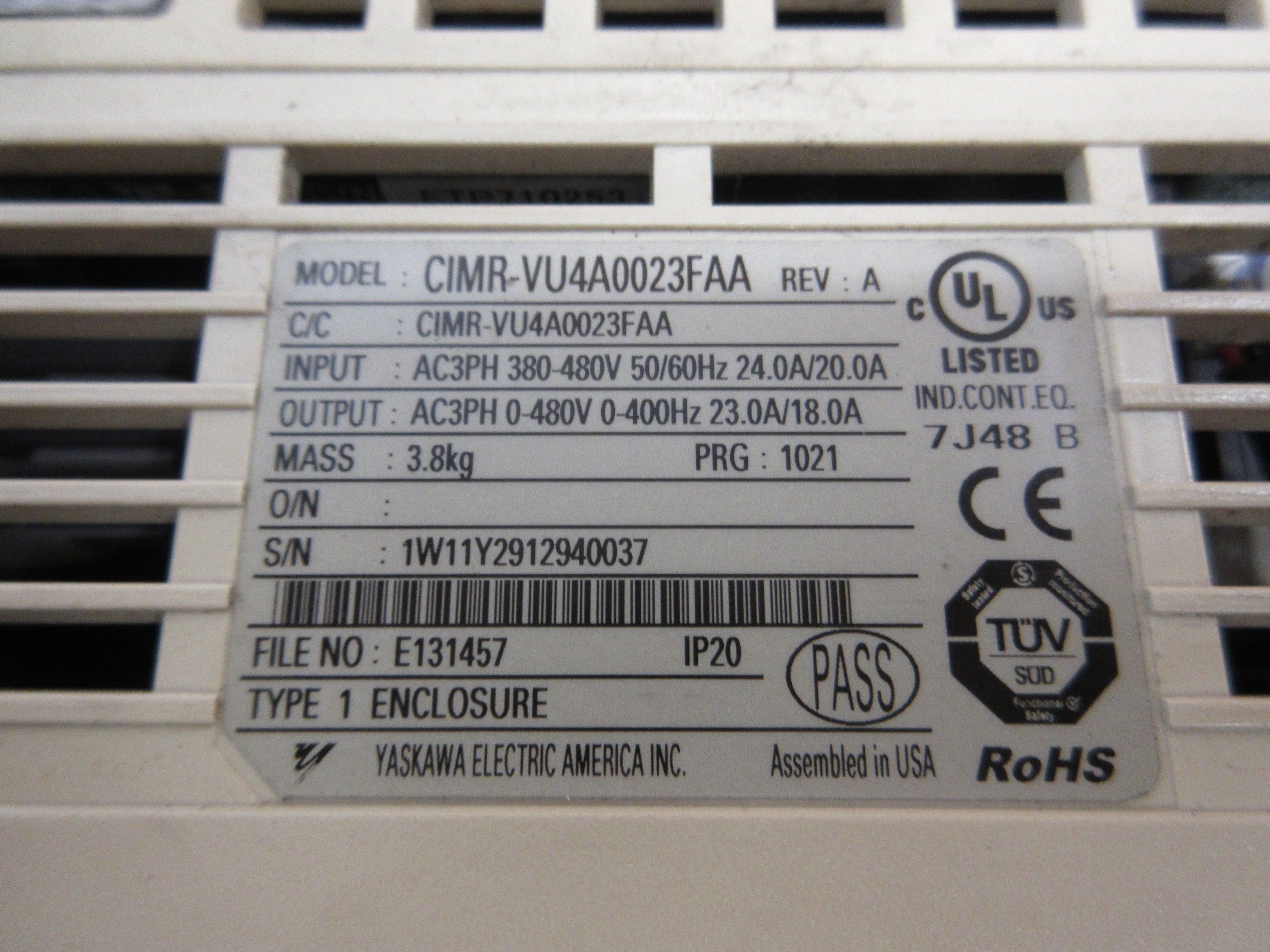 Yaskawa V1000 AC Drive CIMR-VU4A0023FAA Rev. A 10HP 3Ph Used