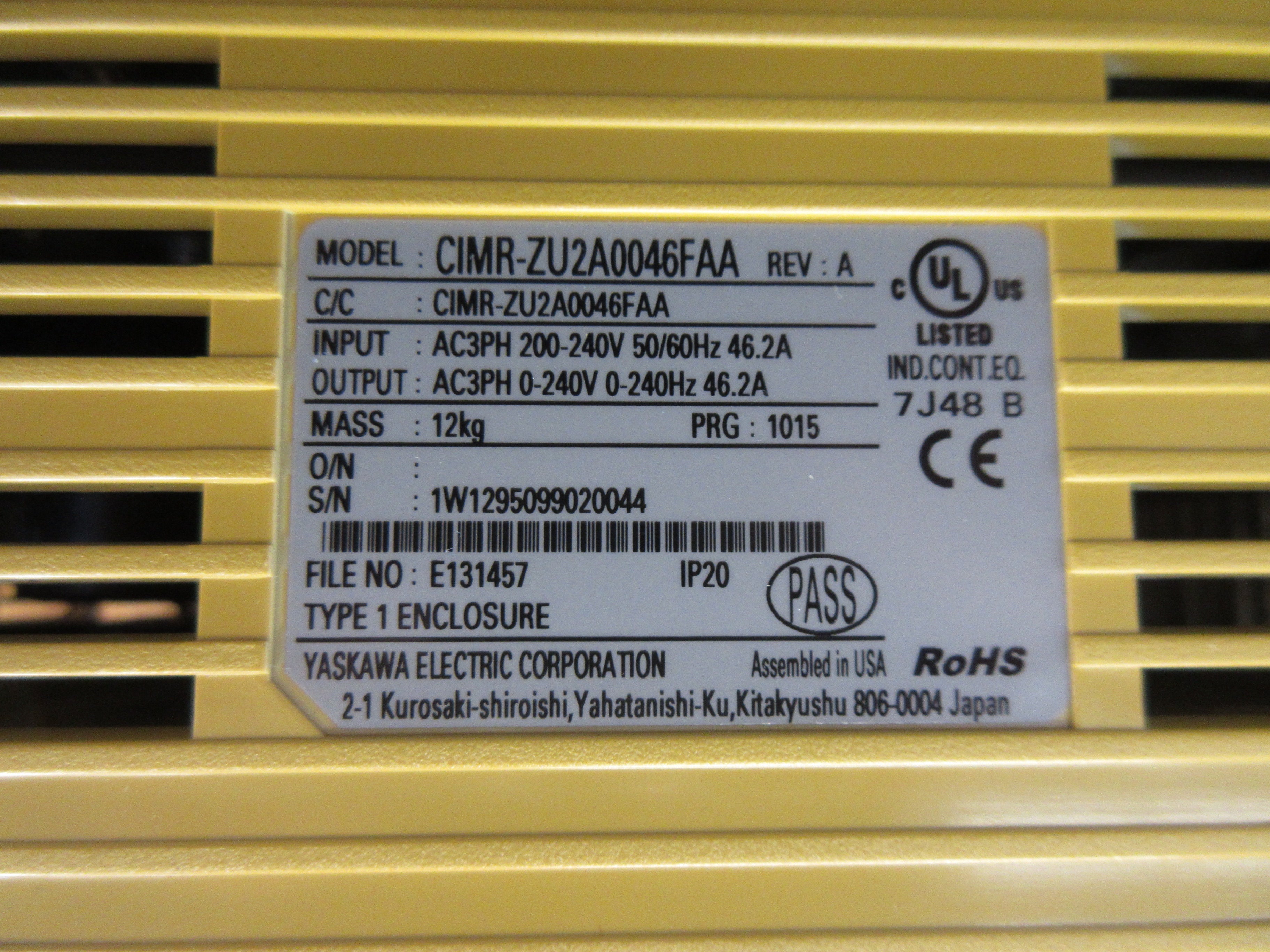 Yaskawa Z1000 AC Drive CIMR-ZU2A0046FAA Rev. A 15HP 3Ph w/ Keypad Used