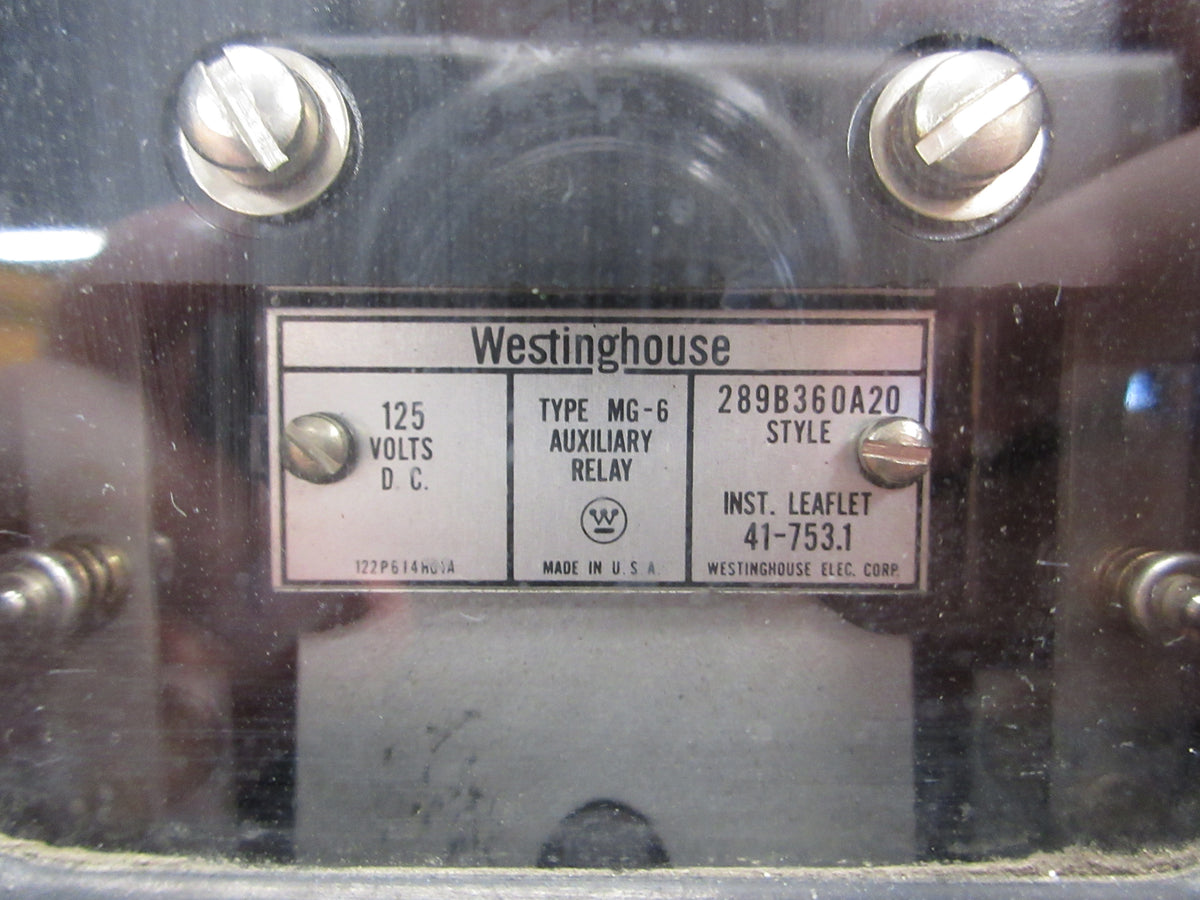 Westinghouse Type MG-6 Auxiliary Relay 289B360A20 125VDC Used