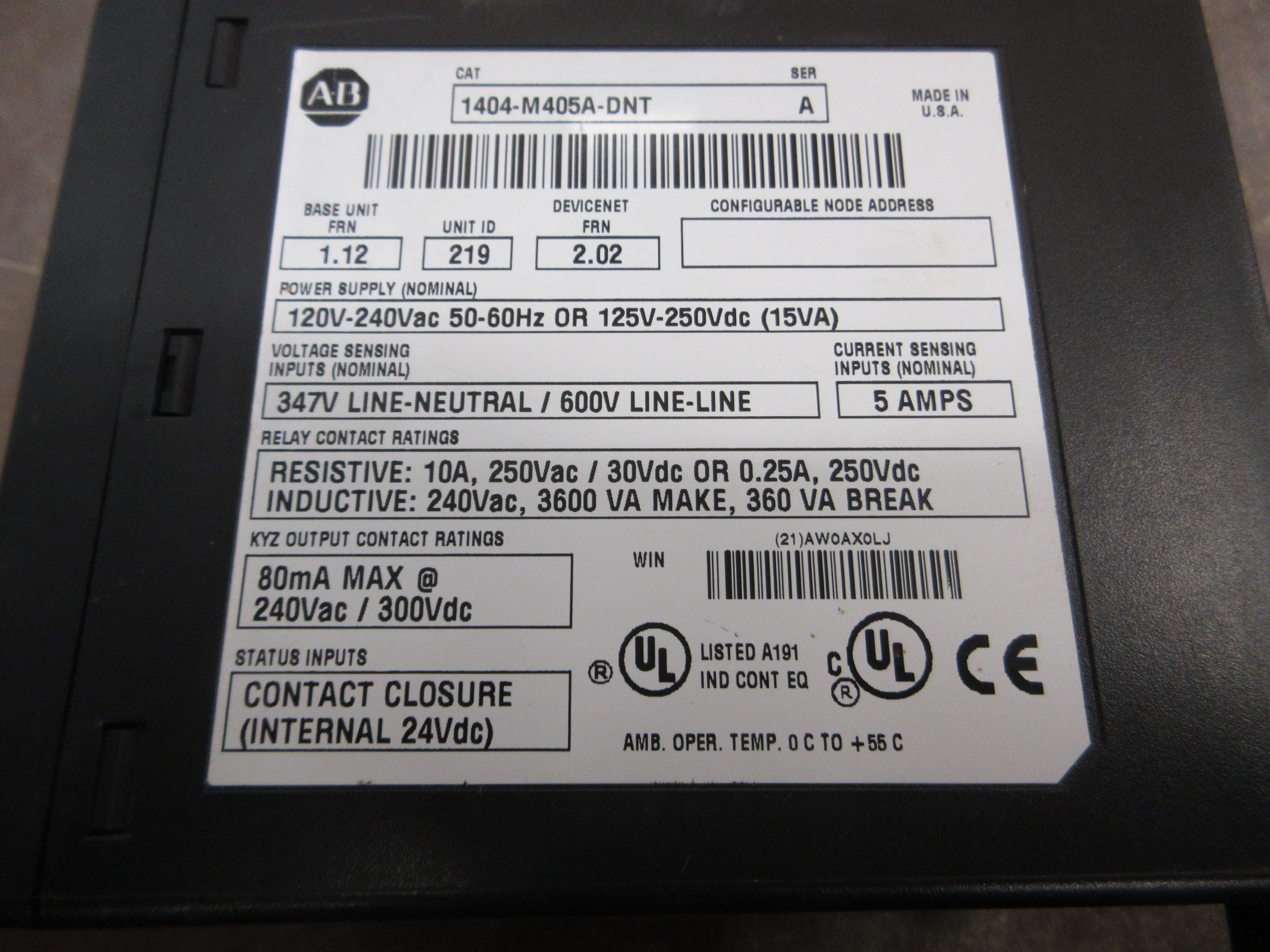 Allen-Bradley Powermonitor 3000 Control Monitor 1404-M405A-DNT Ser. A Used