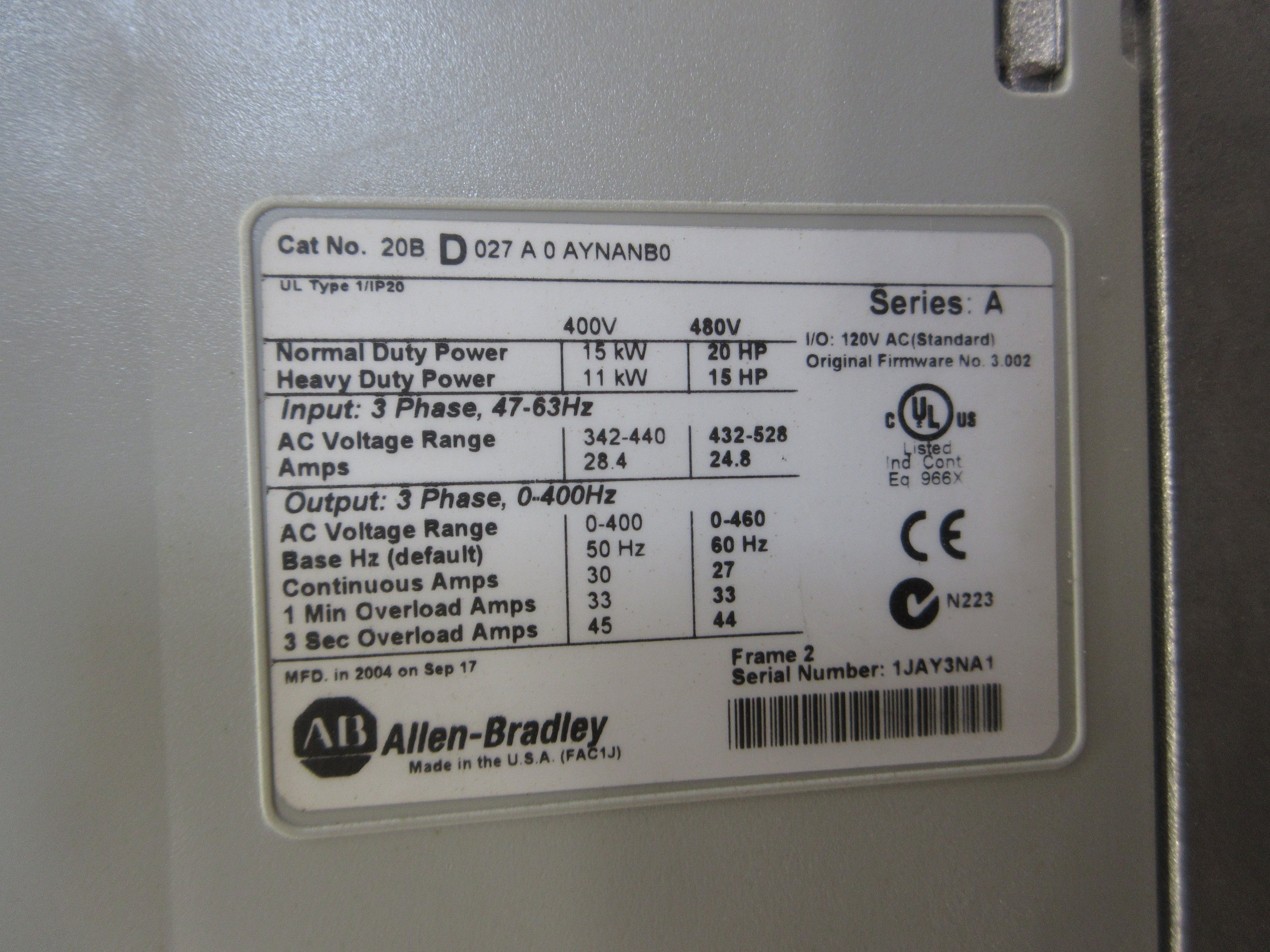 Allen-Bradley PowerFlex 700 AC Drive 20BD027A0AYNANB0 20HP 3Ph w/ Keypad Used