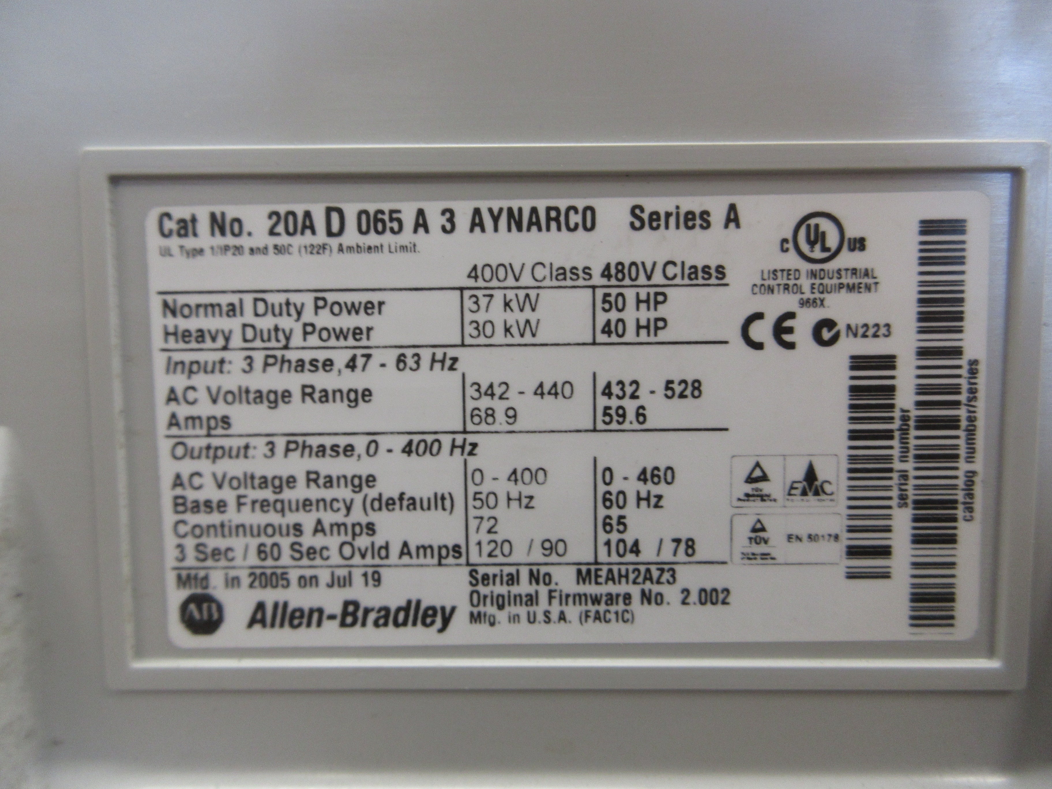 Allen-Bradley PowerFlex 70 AC Drive 20AD065A3AYNARC0 50HP 3Ph w/ Keypad Used