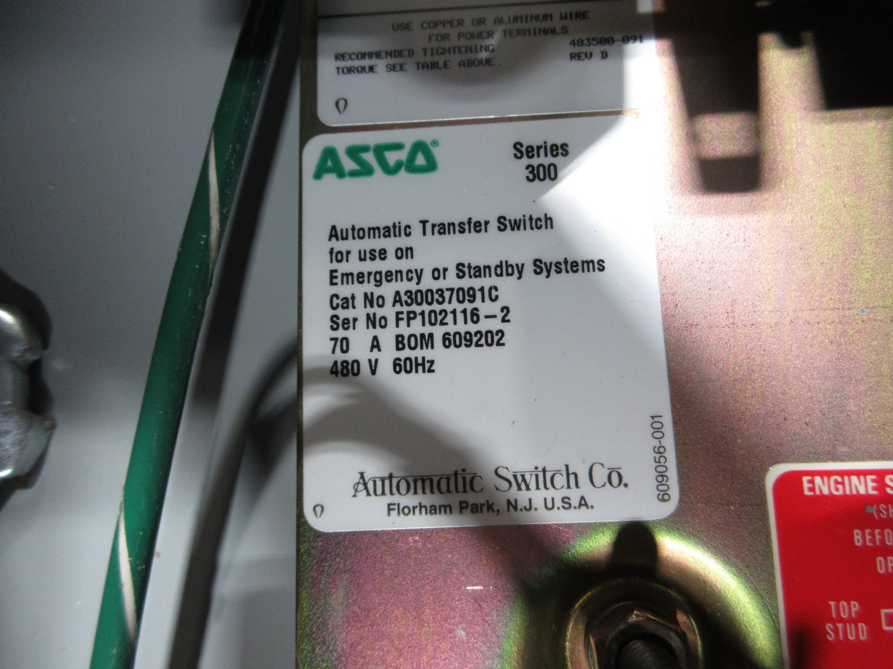 Asco Series 300 Automatic Transfer Switch A30037091C 70A 480V 60Hz 3Ph Used