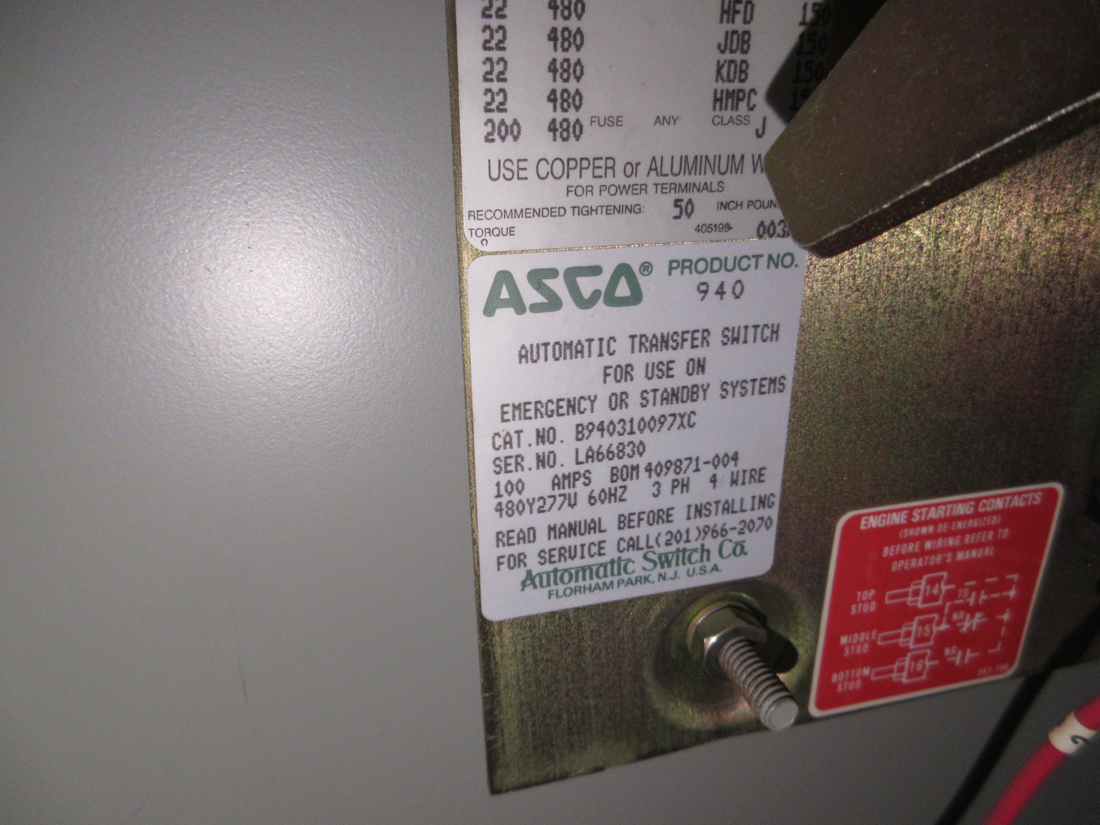 Asco Series 940 Automatic Transfer Switch B940310097XC 100A 480Y/277V 3Ph 60Hz