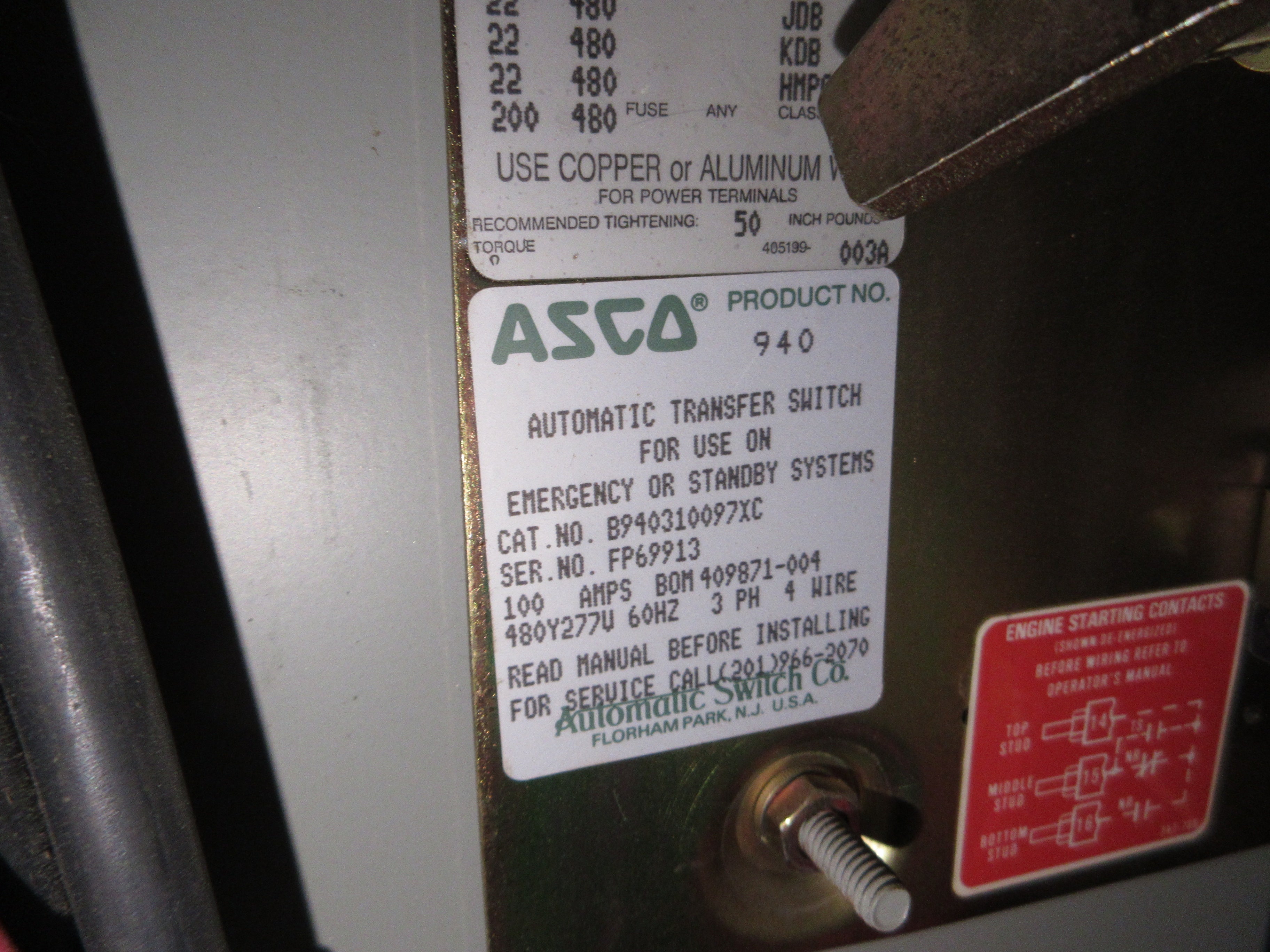 Asco Series 940 Automatic Transfer Switch B940310097XC 100A 480Y/277V 60Hz Used