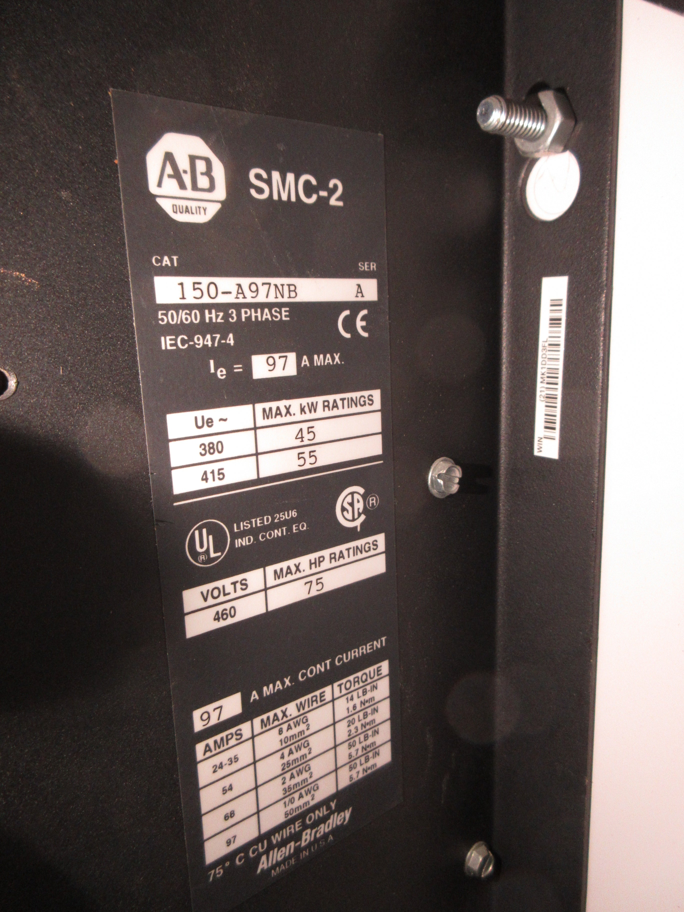 Allen-Bradley Enclosed SMC-2 Soft Start 150-A97NB Ser. A 75HP 460V 97A Used
