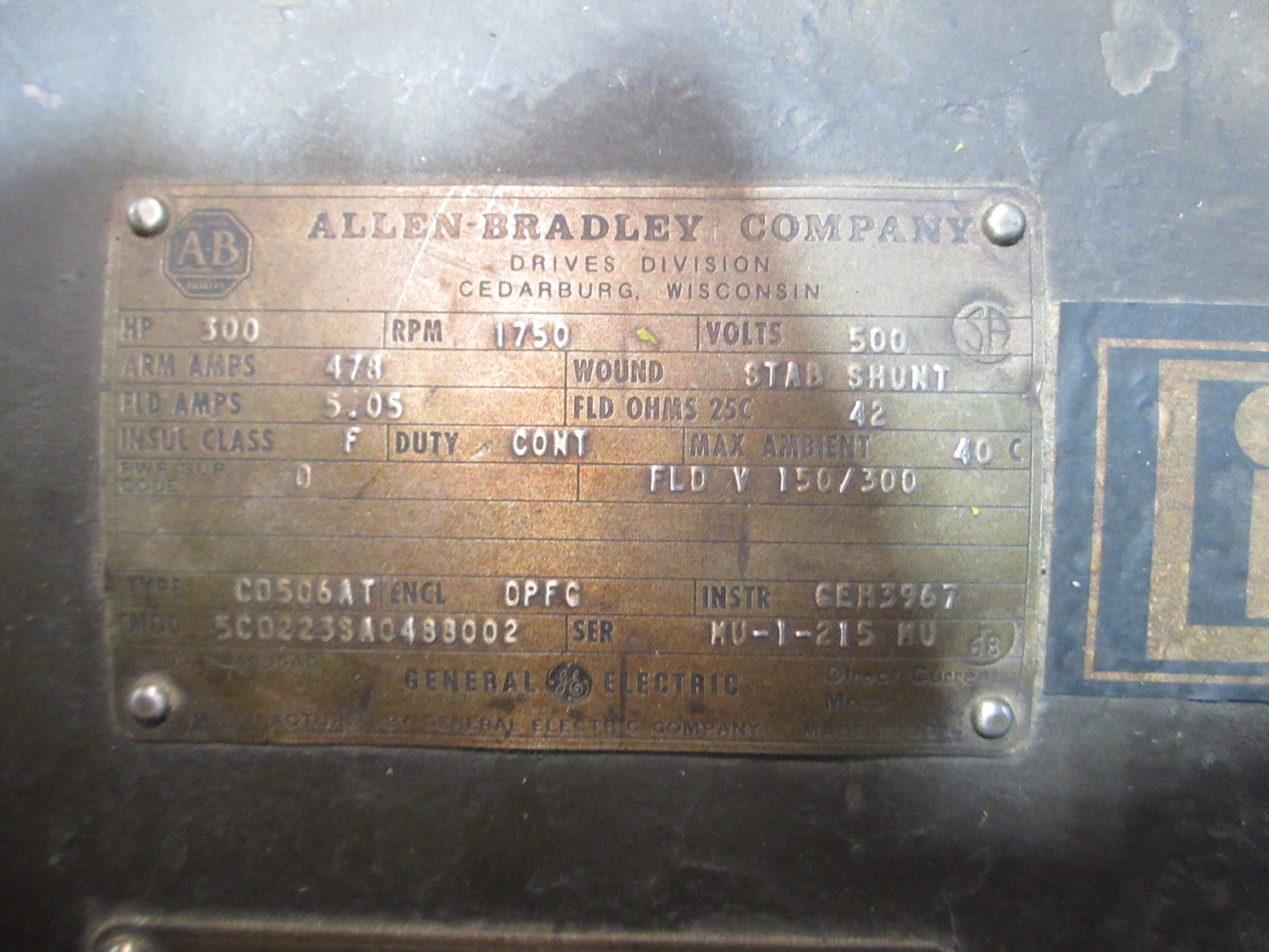 Allen-Bradley DC Motor 5C0223SA0488002 300HP 1800RPM 500V 478A Used