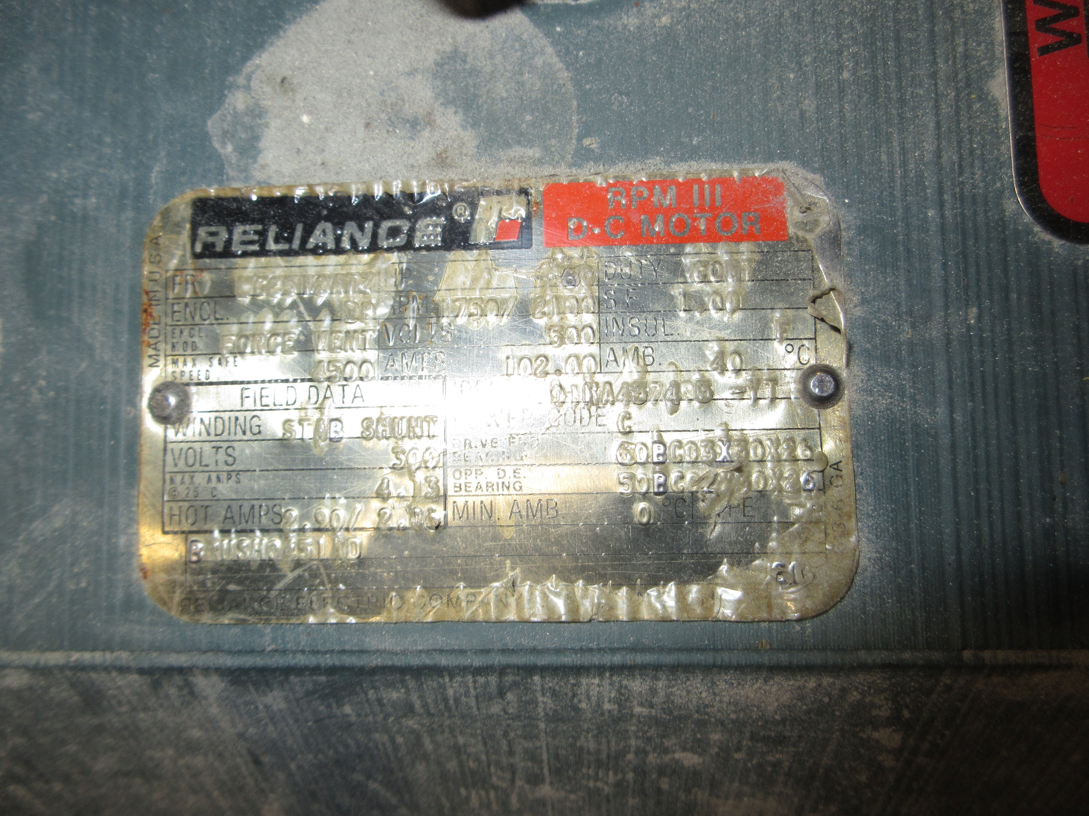 Reliance DC Motor 01KA437403-YT 60HP 1750/2100RPM 500V 102A Force-Ventilated