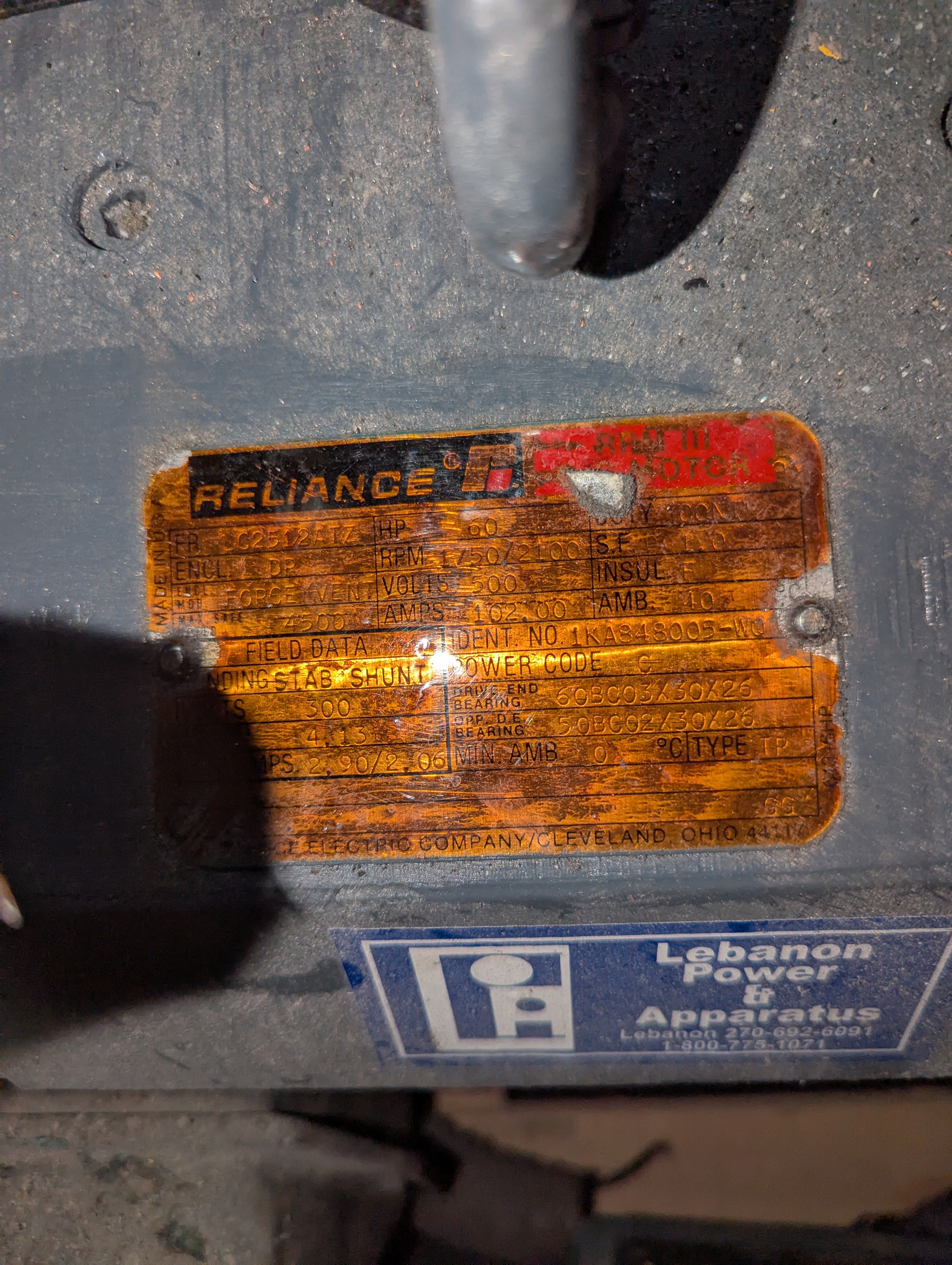 Reliance DC Motor 1KA848005-WQ 60HP 1750/2100RPM 500V 102A Force-Ventilated Used