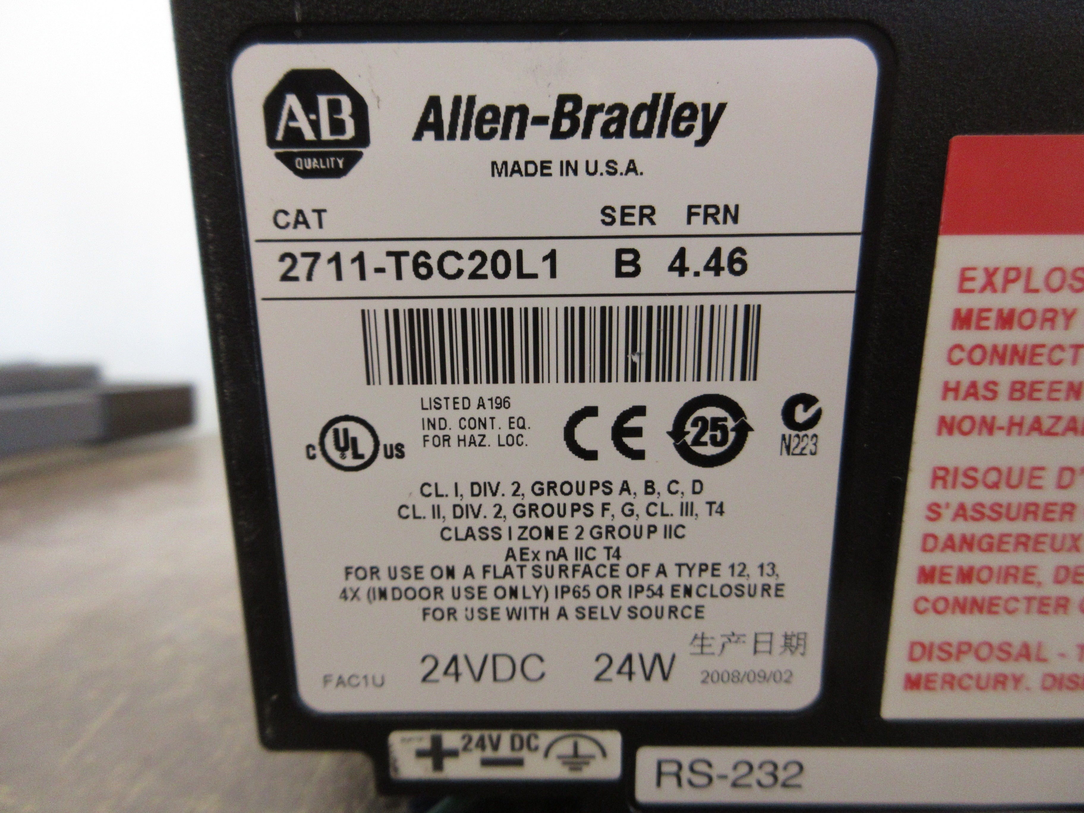 Allen-Bradley Panelview 600 2711-T6C20L1 Ser. B FRN: 4.46 24VDC 24W Used