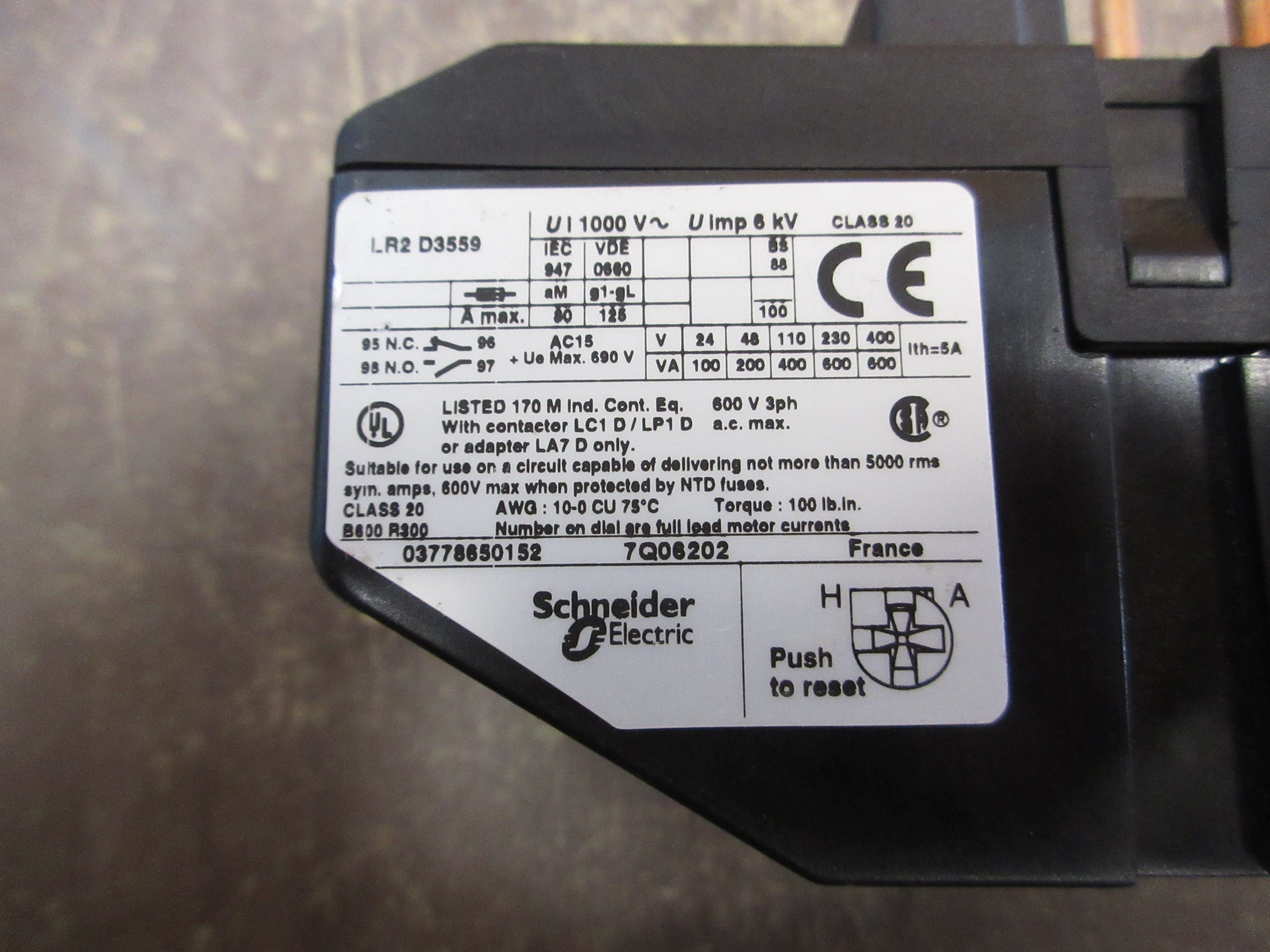 Schneider Electric Solid State Overload LR2 D3559 Trip: 48-65A 600V 3Ph Used