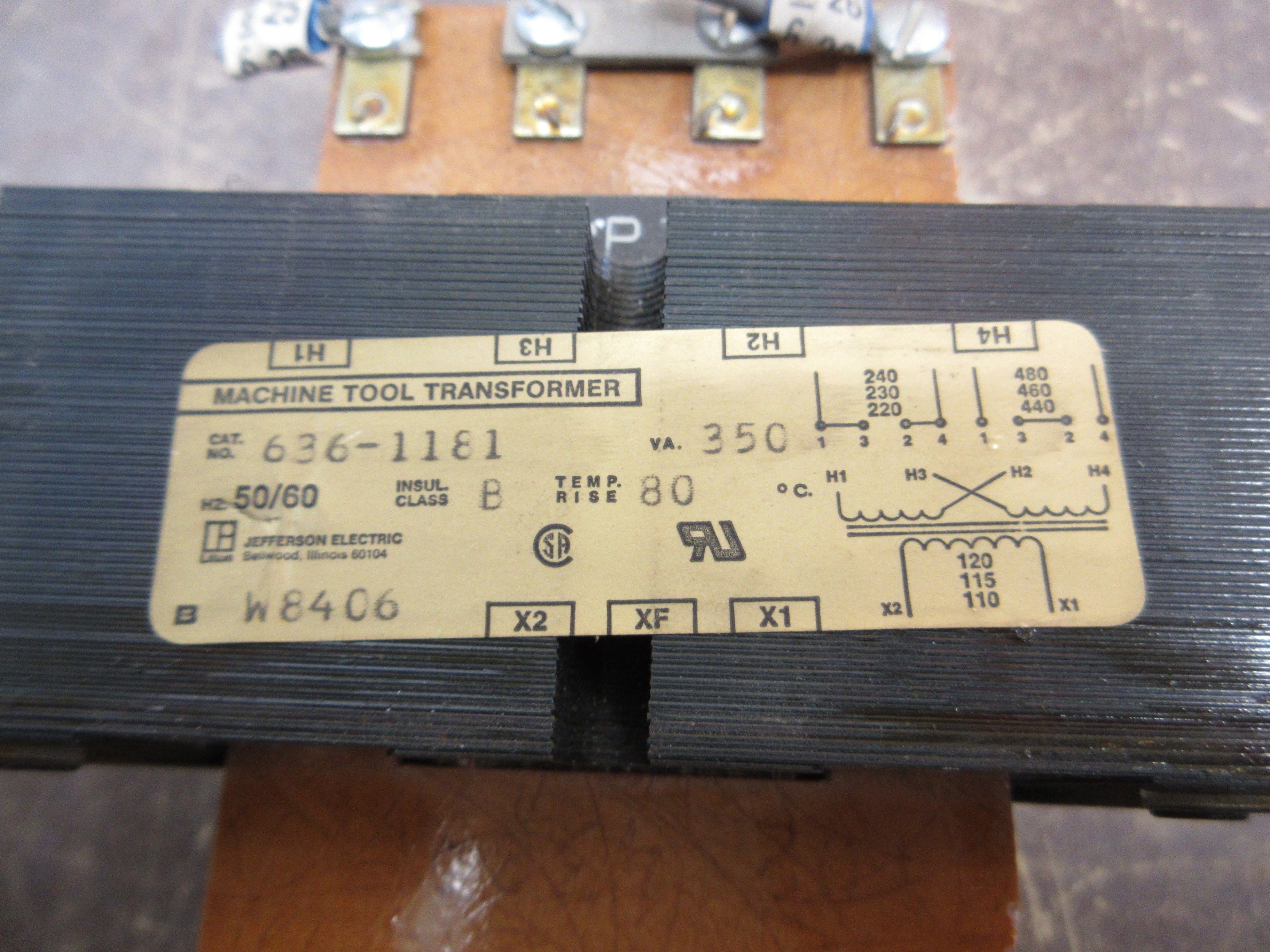 Jefferson Electric Transformer 636-1181 350VA Pri: 240/480V Sec: 120V 50/60Hz