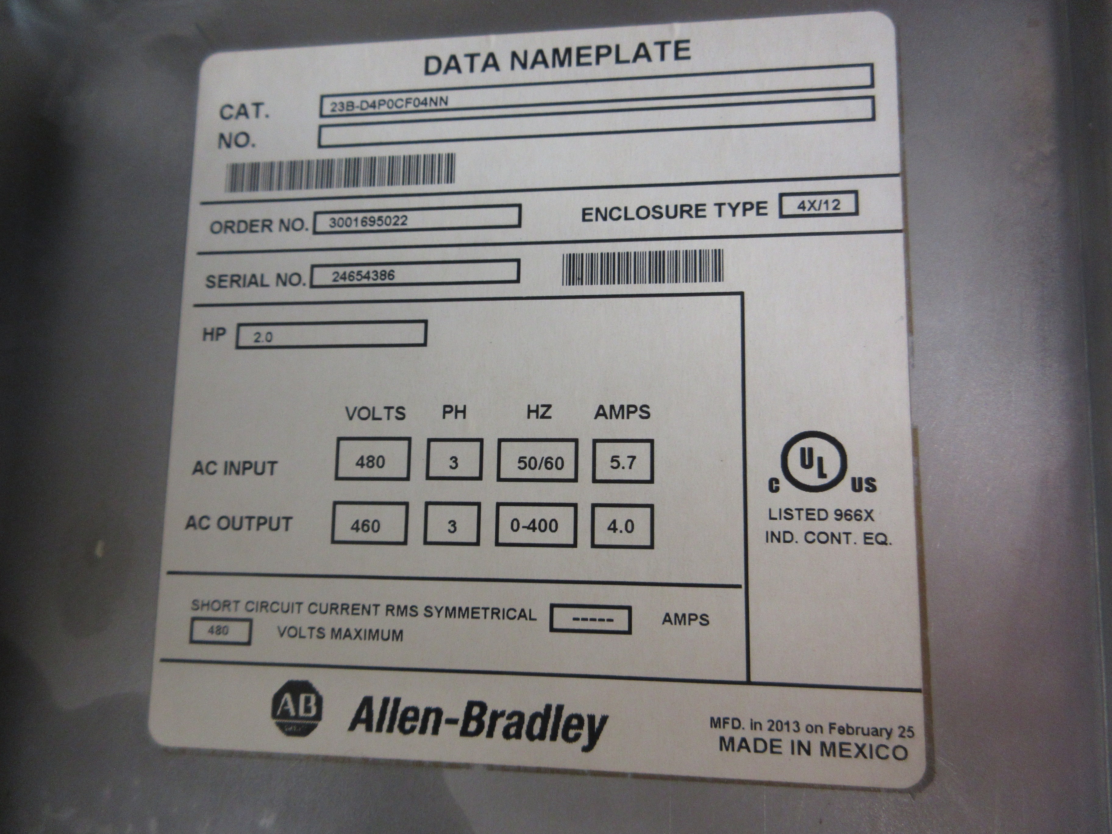Allen-Bradley Stainless Steel PowerFlex 40 AC Drive 23B-D4P0CF04NN 2HP 3Ph Used