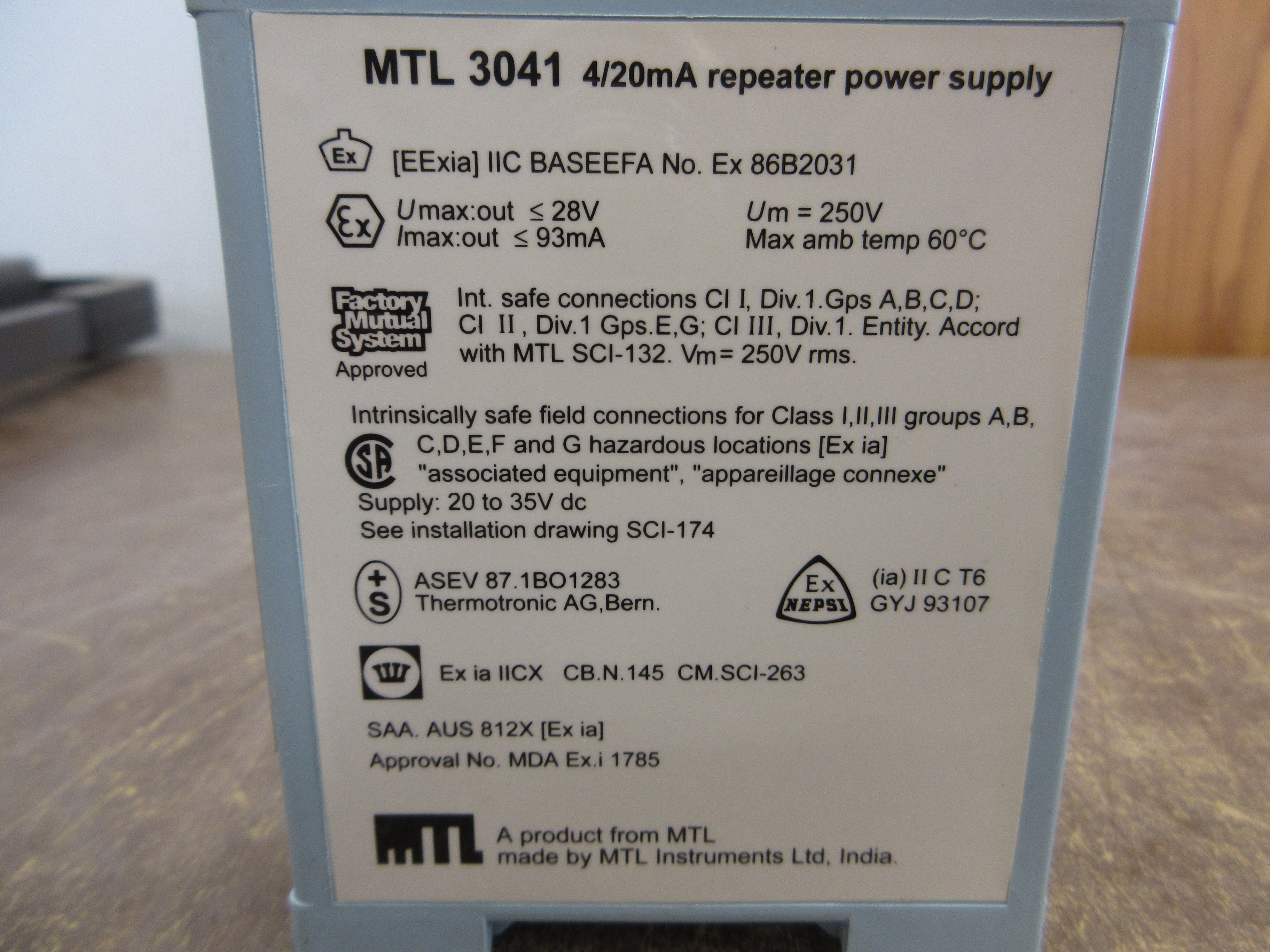 MTL 4/20mA Repeater Power Supply MTL 3041 Supply: 20-35VDC Used