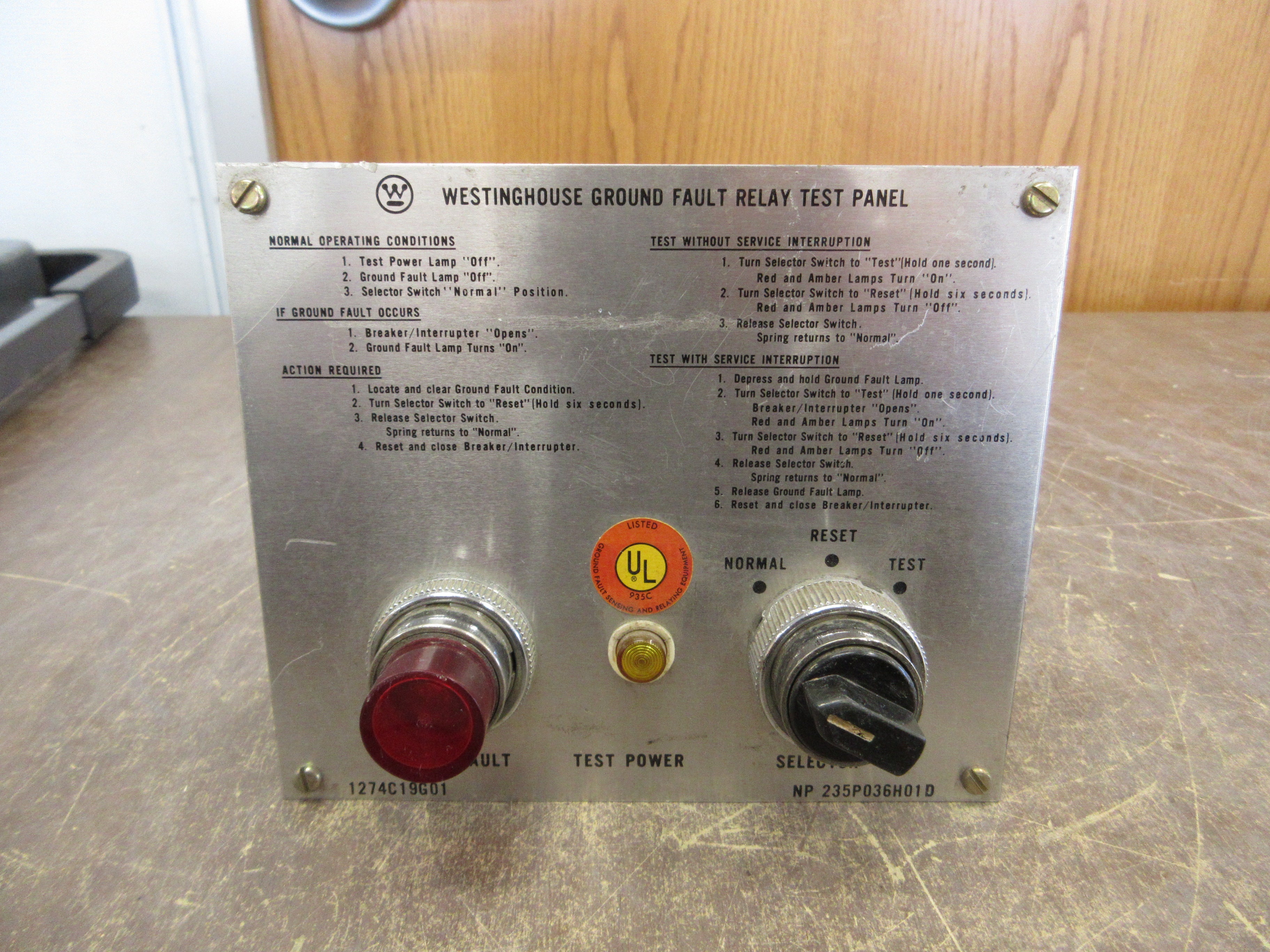 Westinghouse Ground Fault Relay Test Panel 1274C19G01 Used