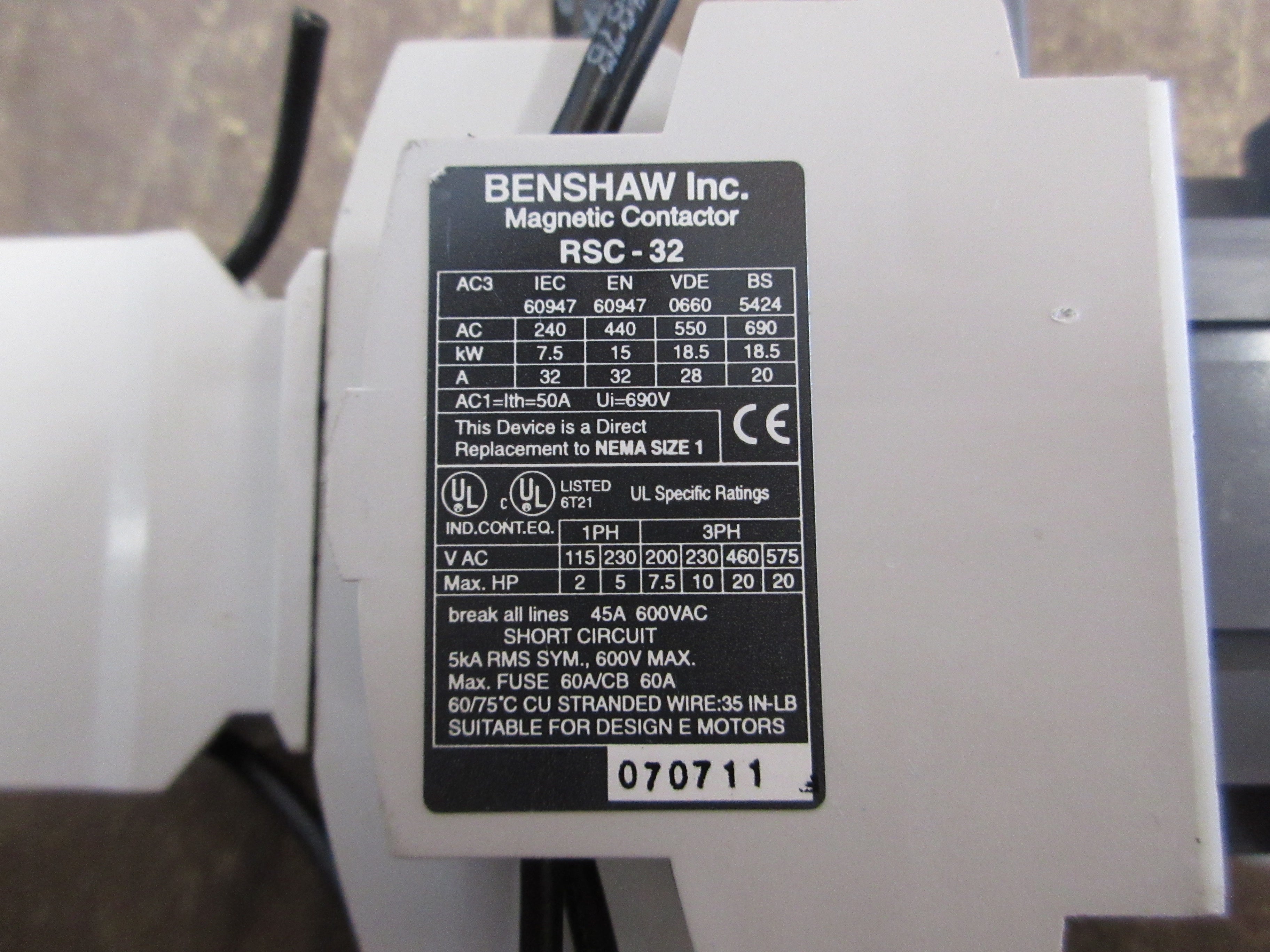 Benshaw Contactor RSC-32 120V Coil 32A (1) Aux Contact, (1) Aux Contact Block