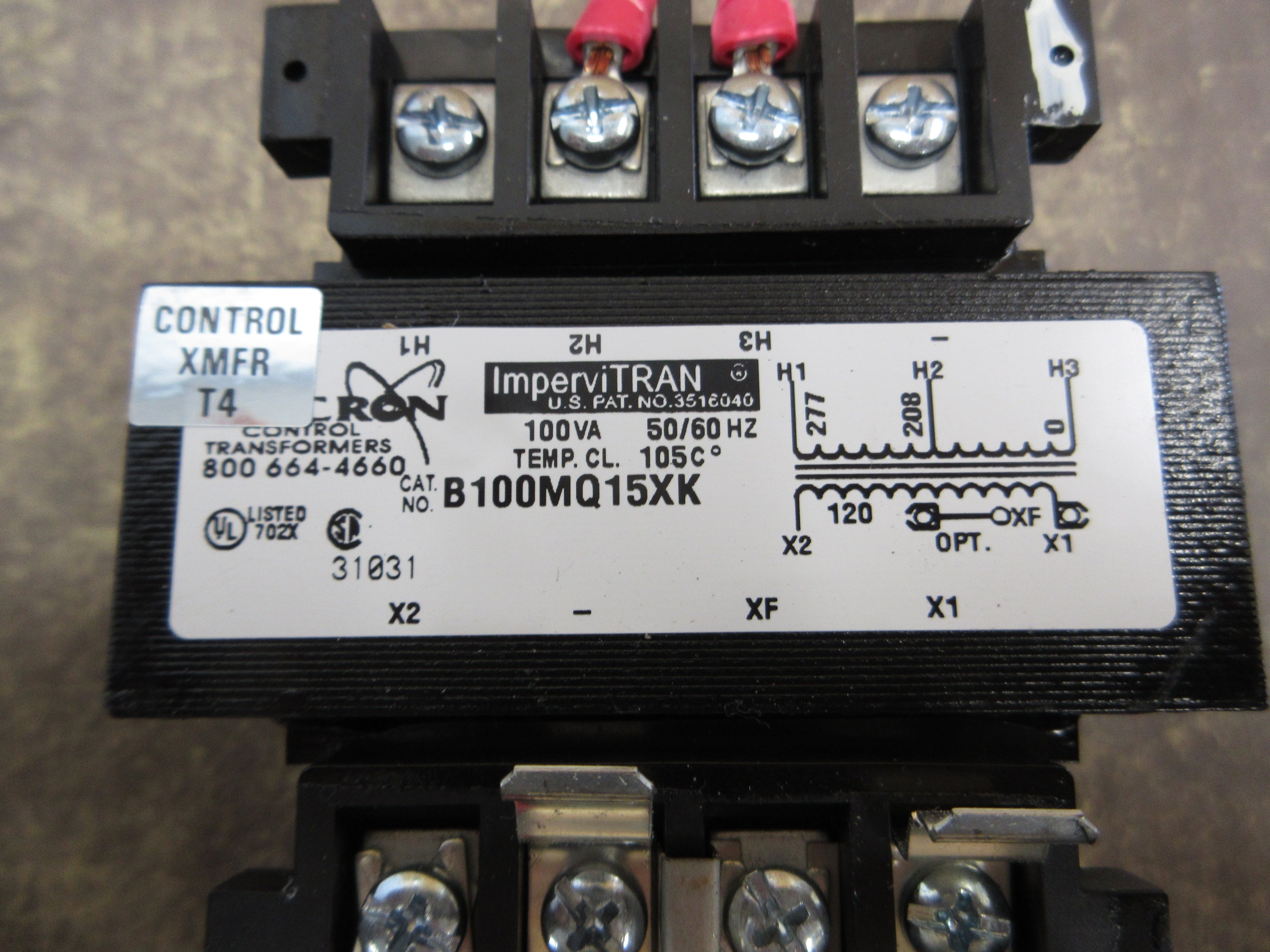 Micron ImperviTRAN Control Transformer B100MQ15XK 100VA Pri: 208/277V Sec: 120V