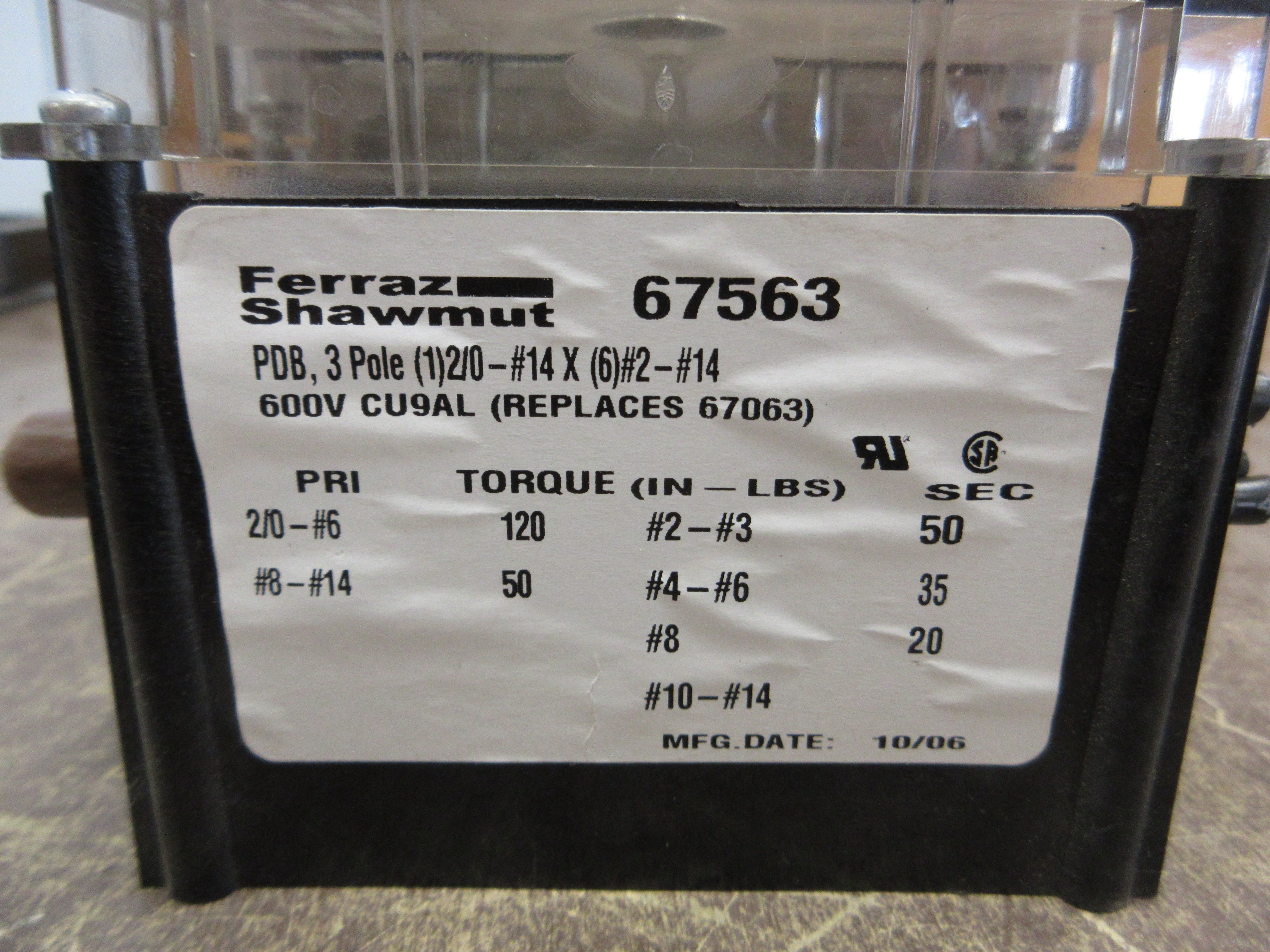 Ferraz Shawmut Power Distribution Block 67563 3P 600V Used