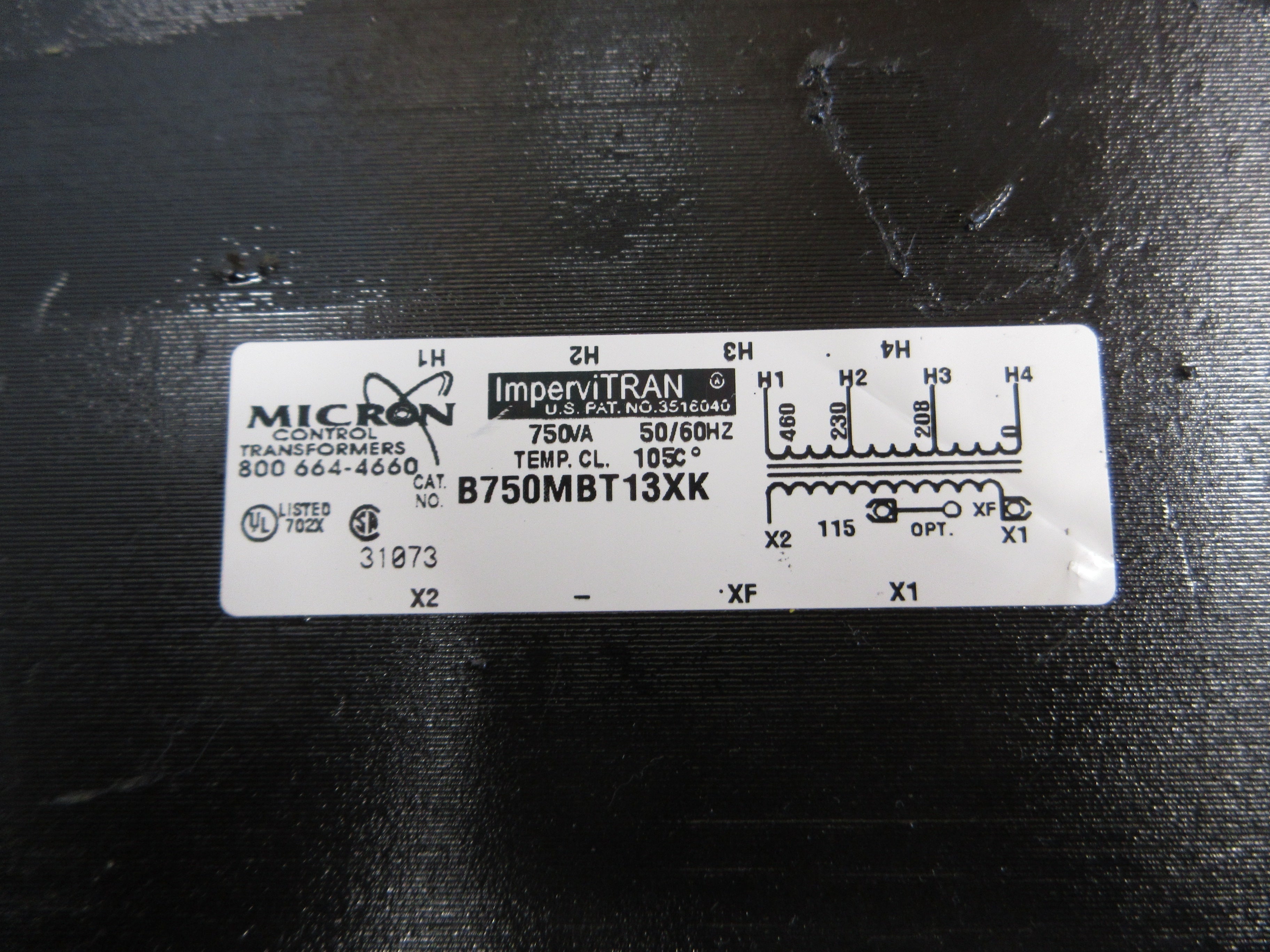 Micron ImperviTRAN Control Transformer B750MBT13XK 750VA Pri: 208/230/460V Used