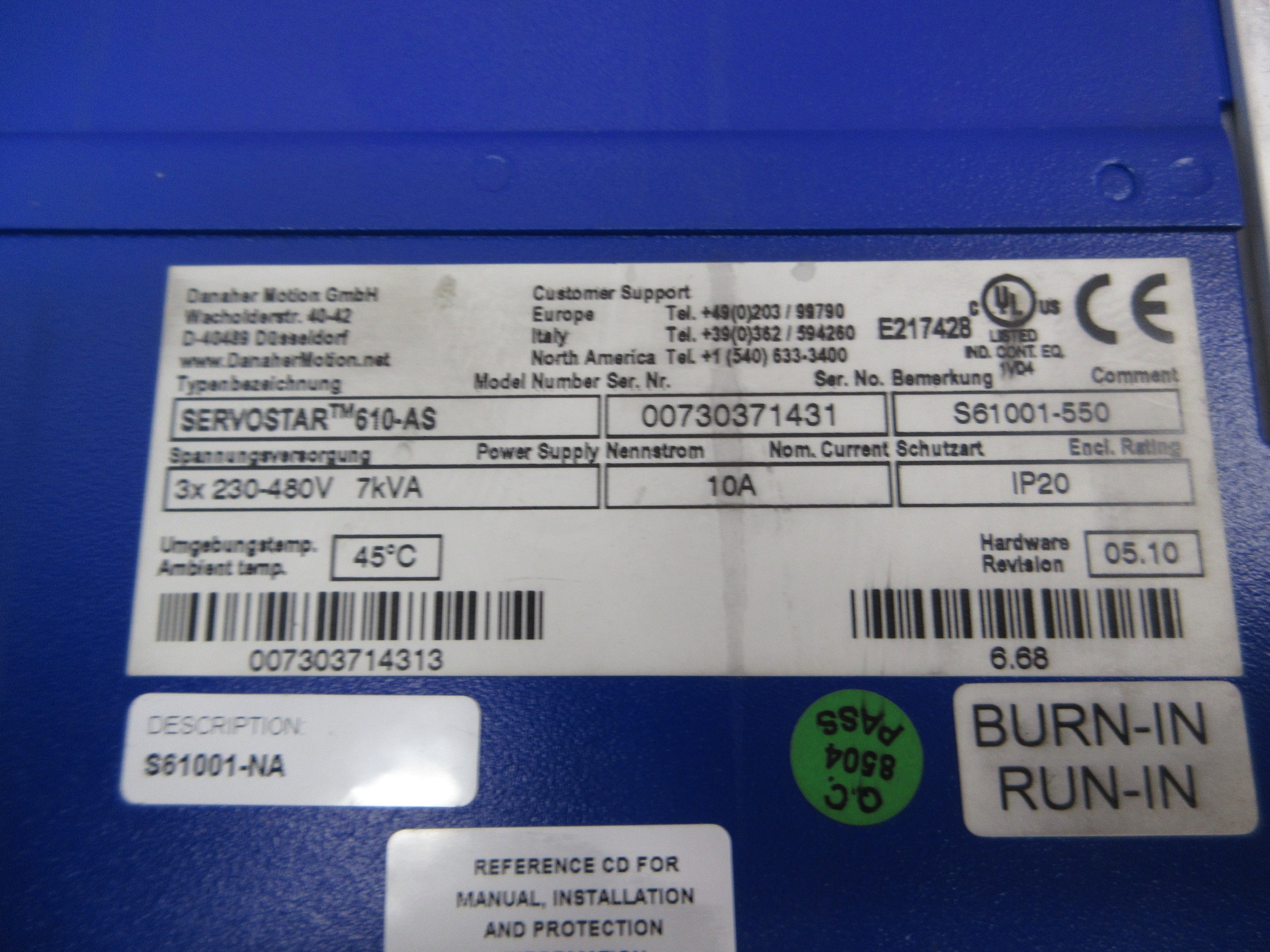 Danaher Motion Servostar 610-AS Servo Drive S61001-550 H/W Rev. 05.10 7kVA Used