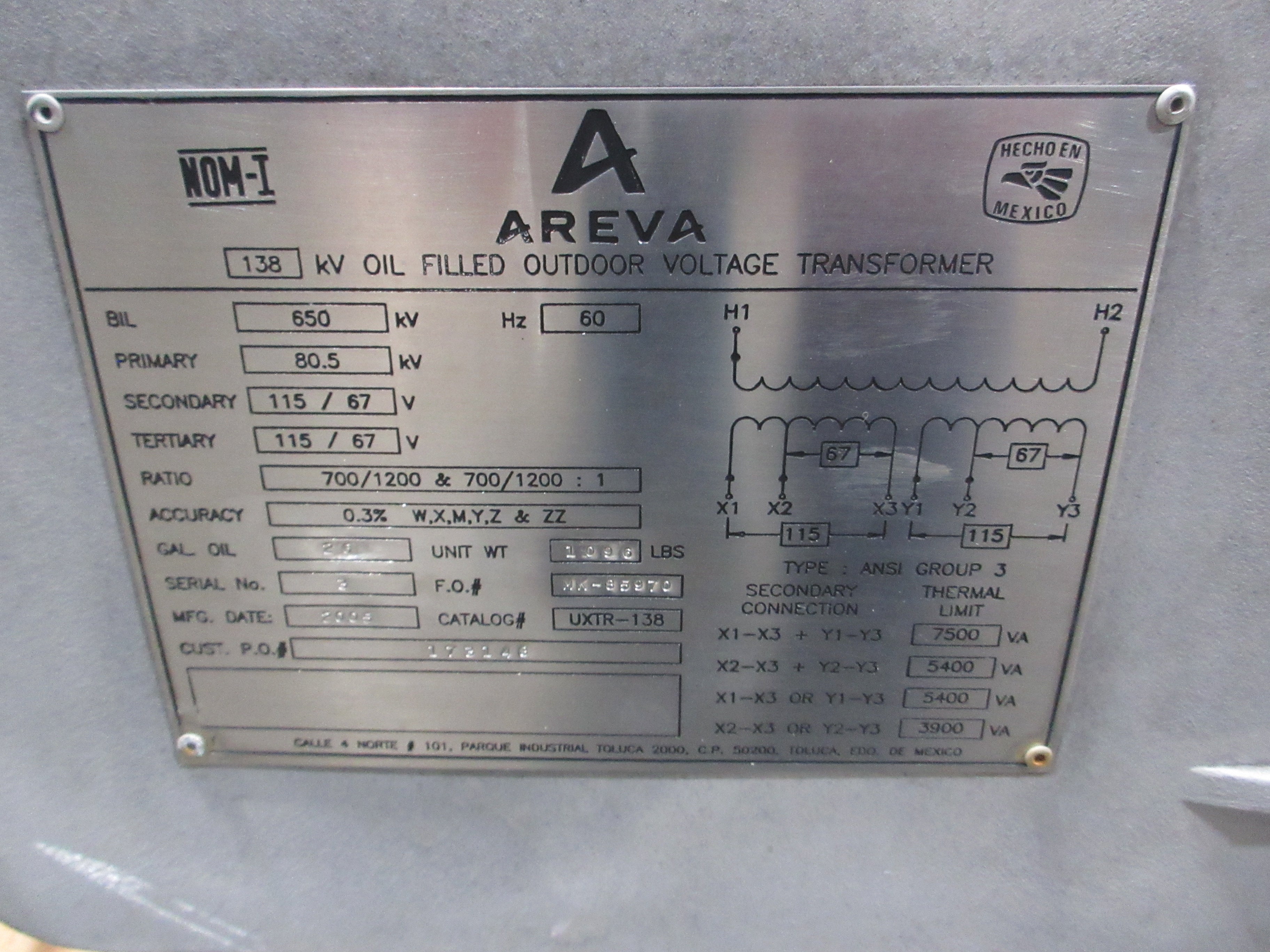 Areva Oil Filled Outdoor Voltage Transformer UXTR-138 Pri: 80.5kV 60Hz Used