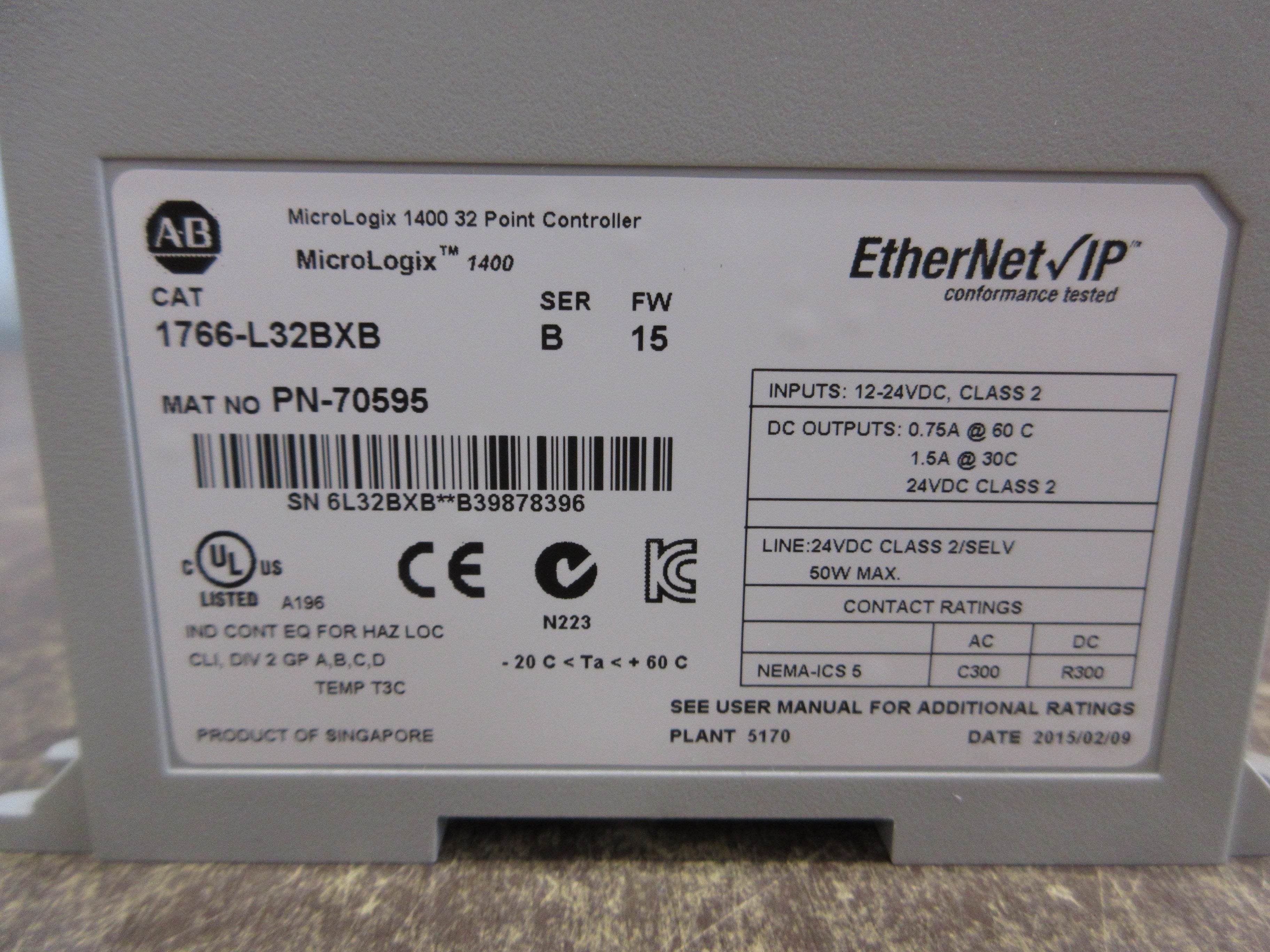 Allen-Bradley MicroLogix 1400 Controller 1766-L32BXB Ser. B FRN. 15 Used