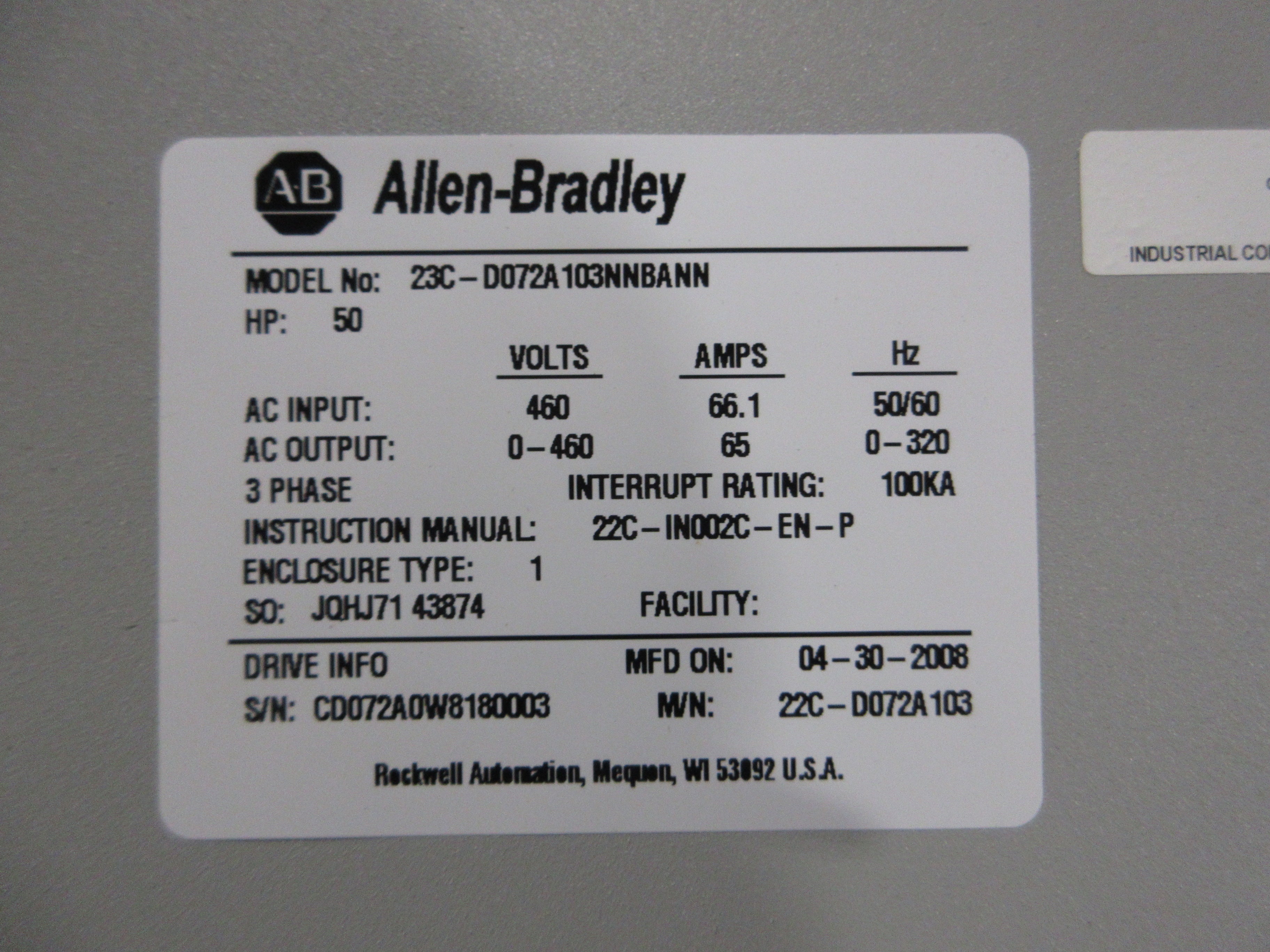 Allen-Bradley PowerFlex 400 AC Drive w/ Bypass 23C-D072A103NNBANN 50HP 3Ph Used