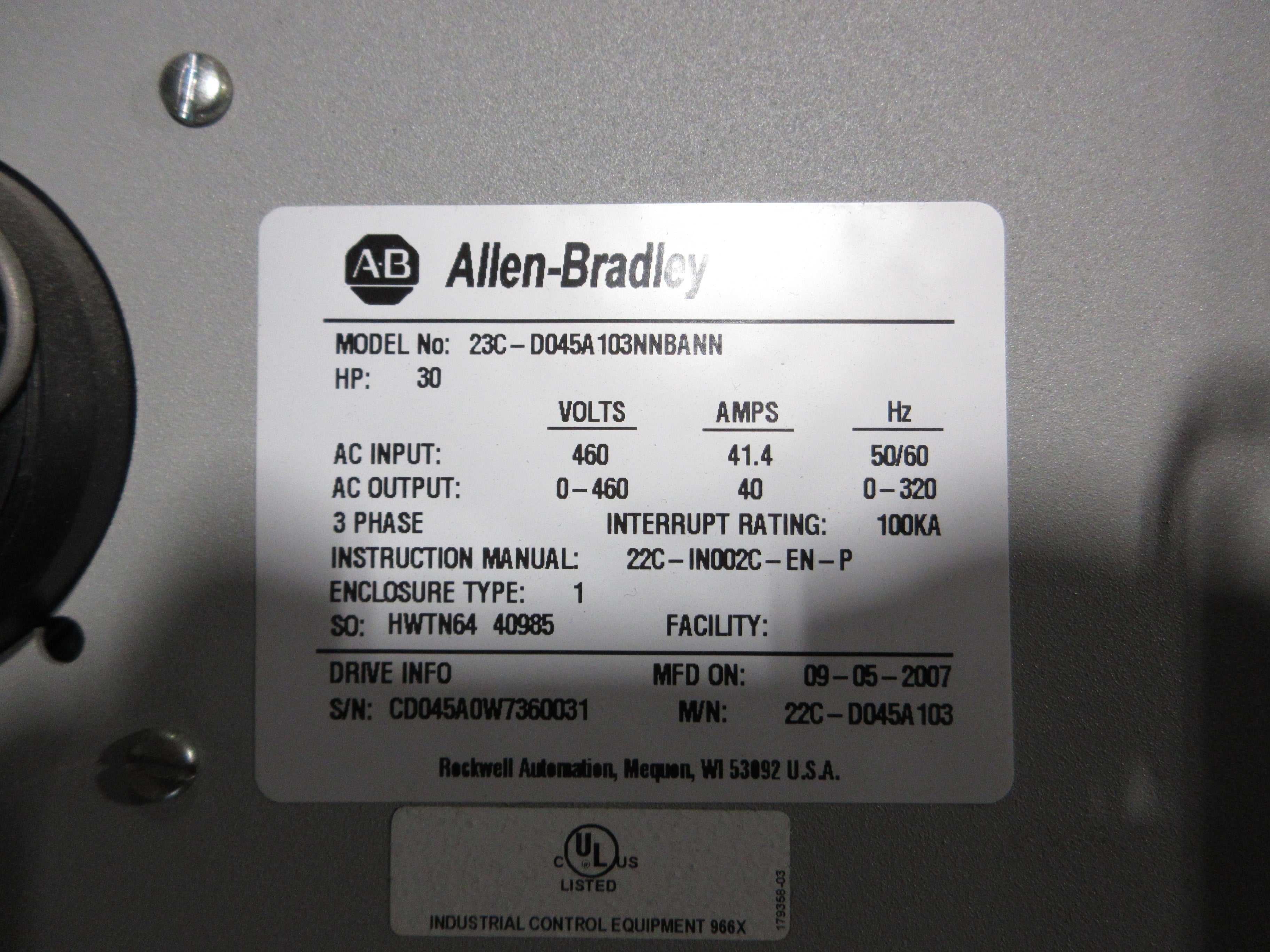 Allen-Bradley PowerFlex 400 AC Drive w/ Bypass 22C-D045A103 30HP 3Ph Used