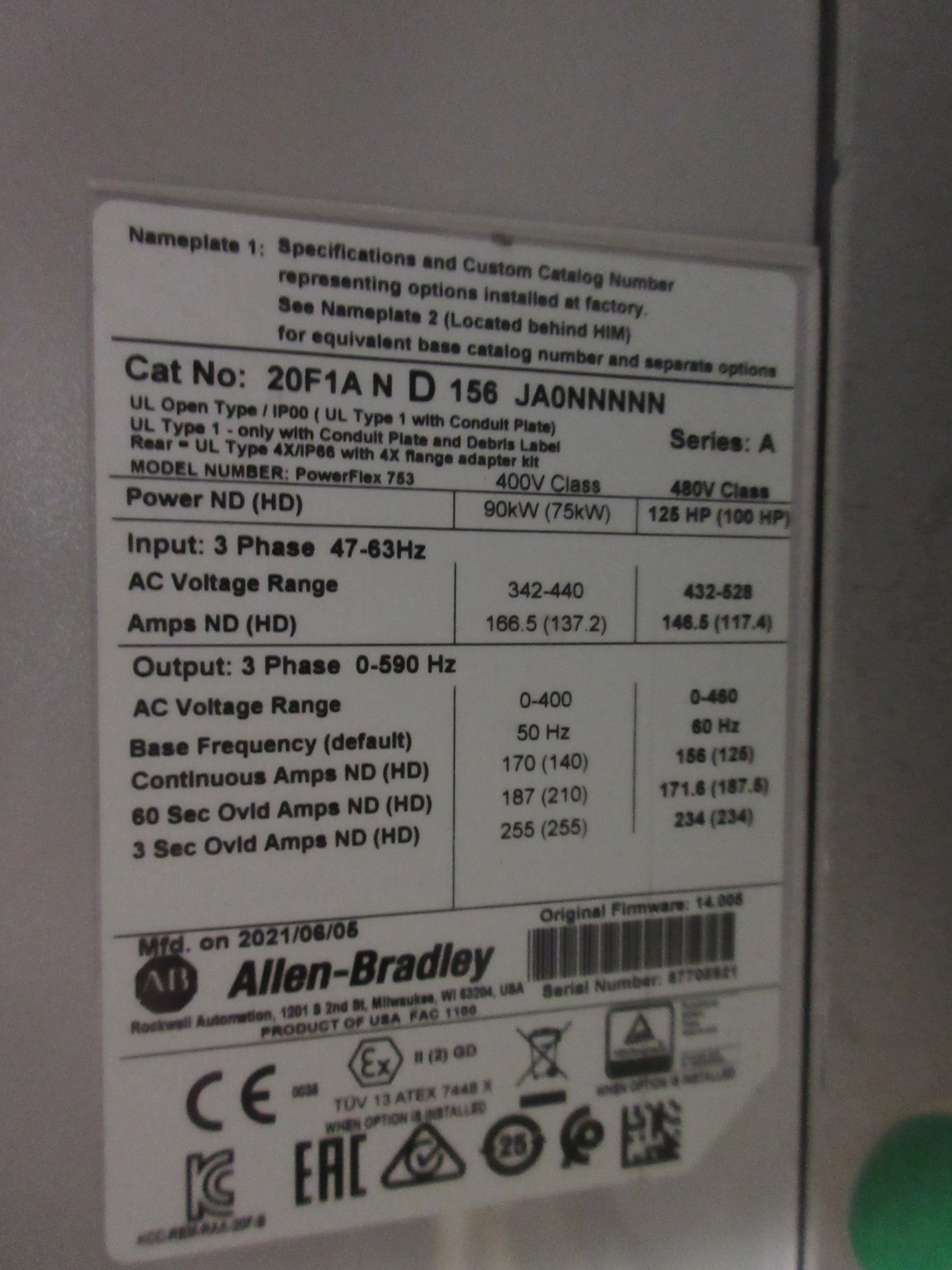 Allen-Bradley PowerFlex 753 AC Drive 20F1AND156JA0NNNNN 125HP 3Ph w/ Keypad Used