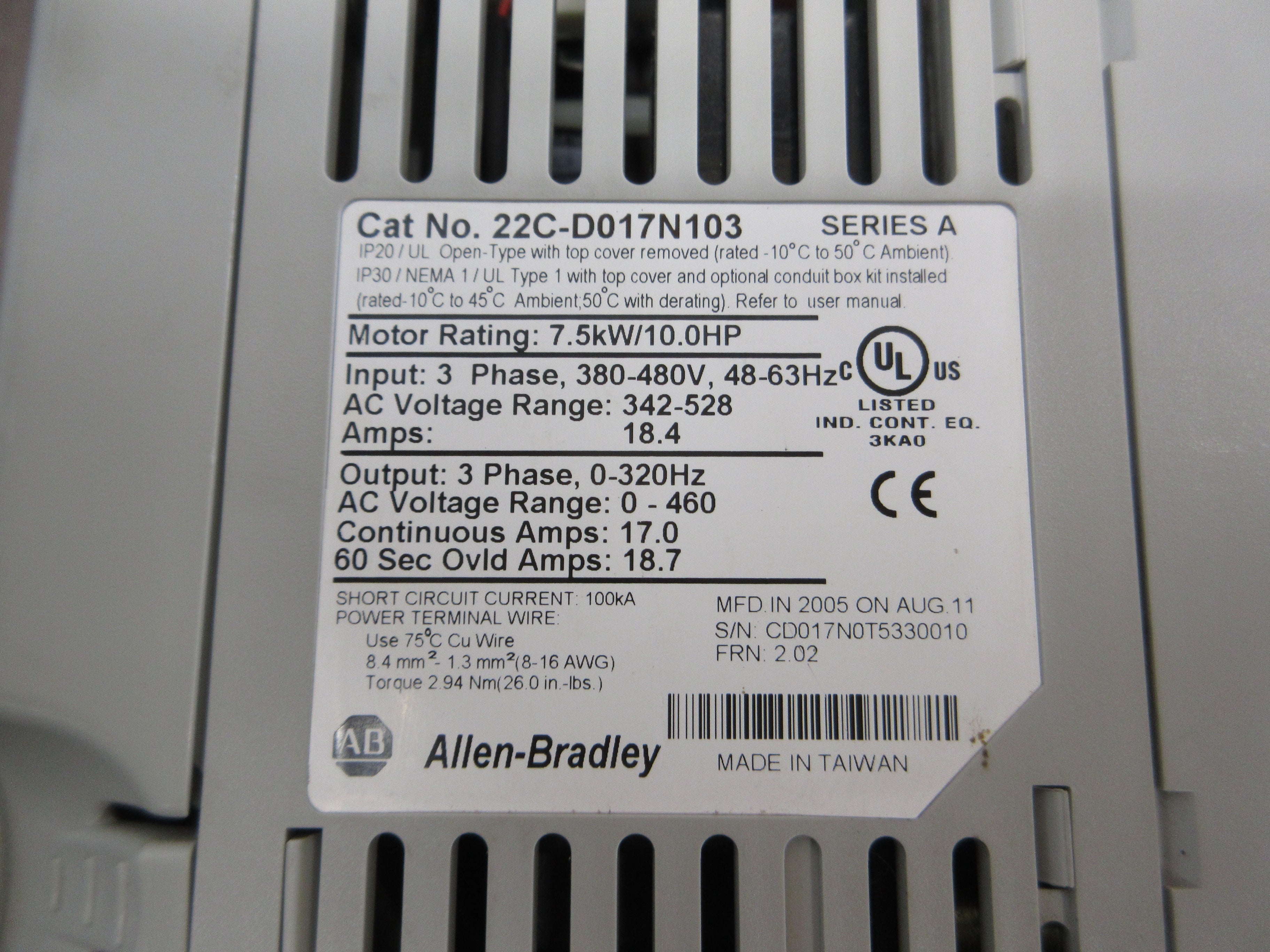 Allen-Bradley PowerFlex 400 AC Drive 22C-D017N103 10HP 3Ph Used