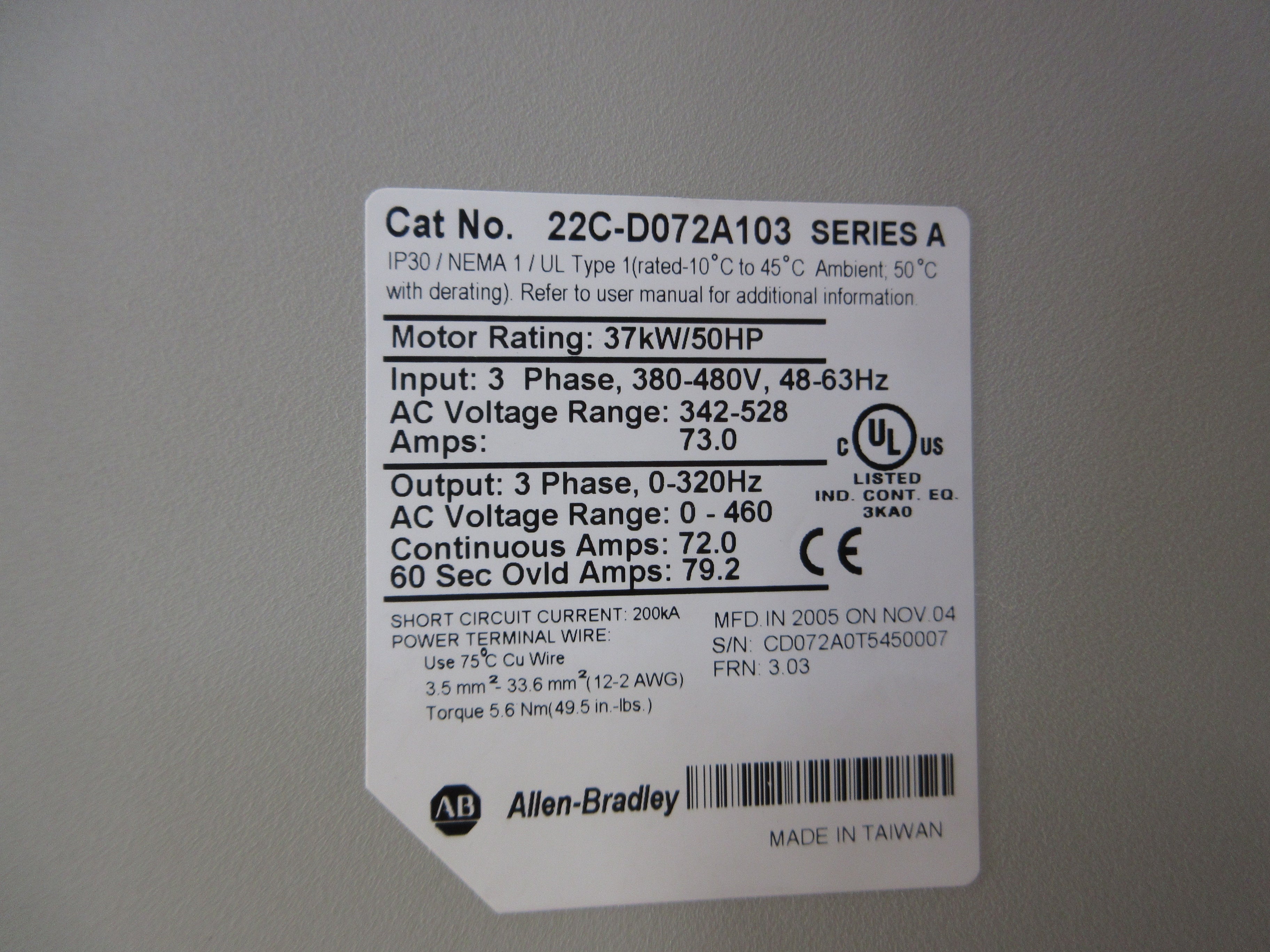 Allen-Bradley PowerFlex 400 AC Drive 22C-D072A103 50HP 3Ph Used