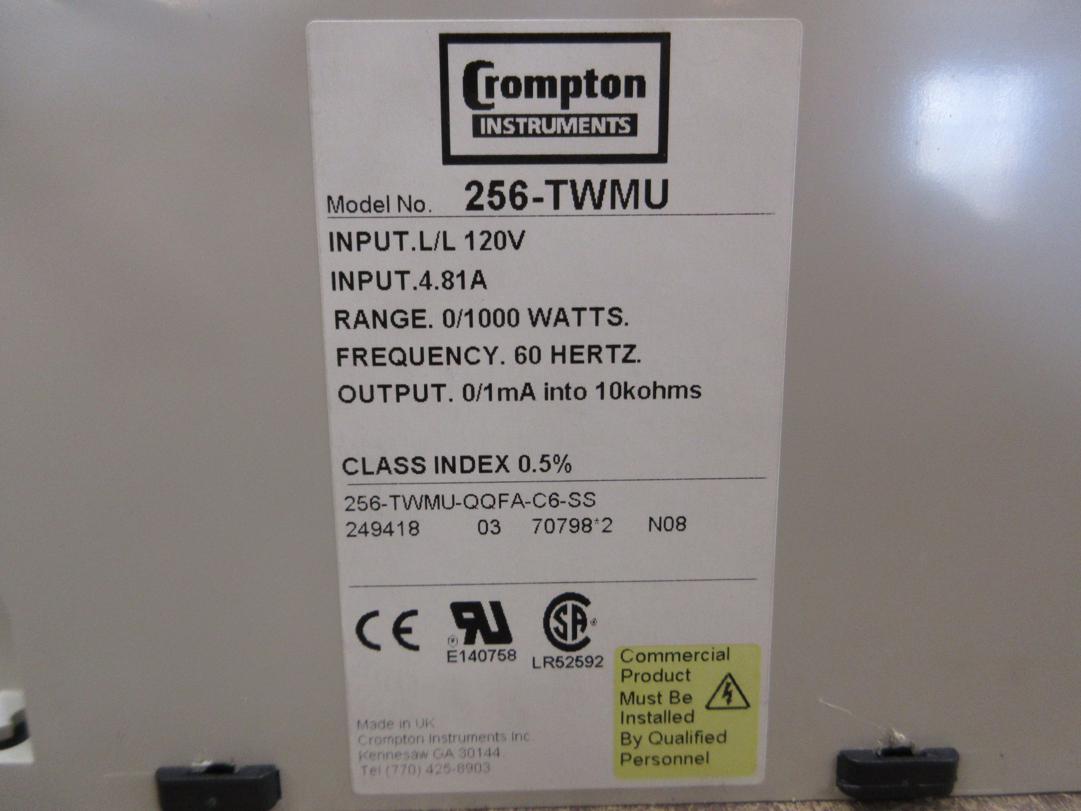 Crompton Paladin Transducer 256-TWMU-QQFA-C6-SS 120V 0.5A 60Hz Used